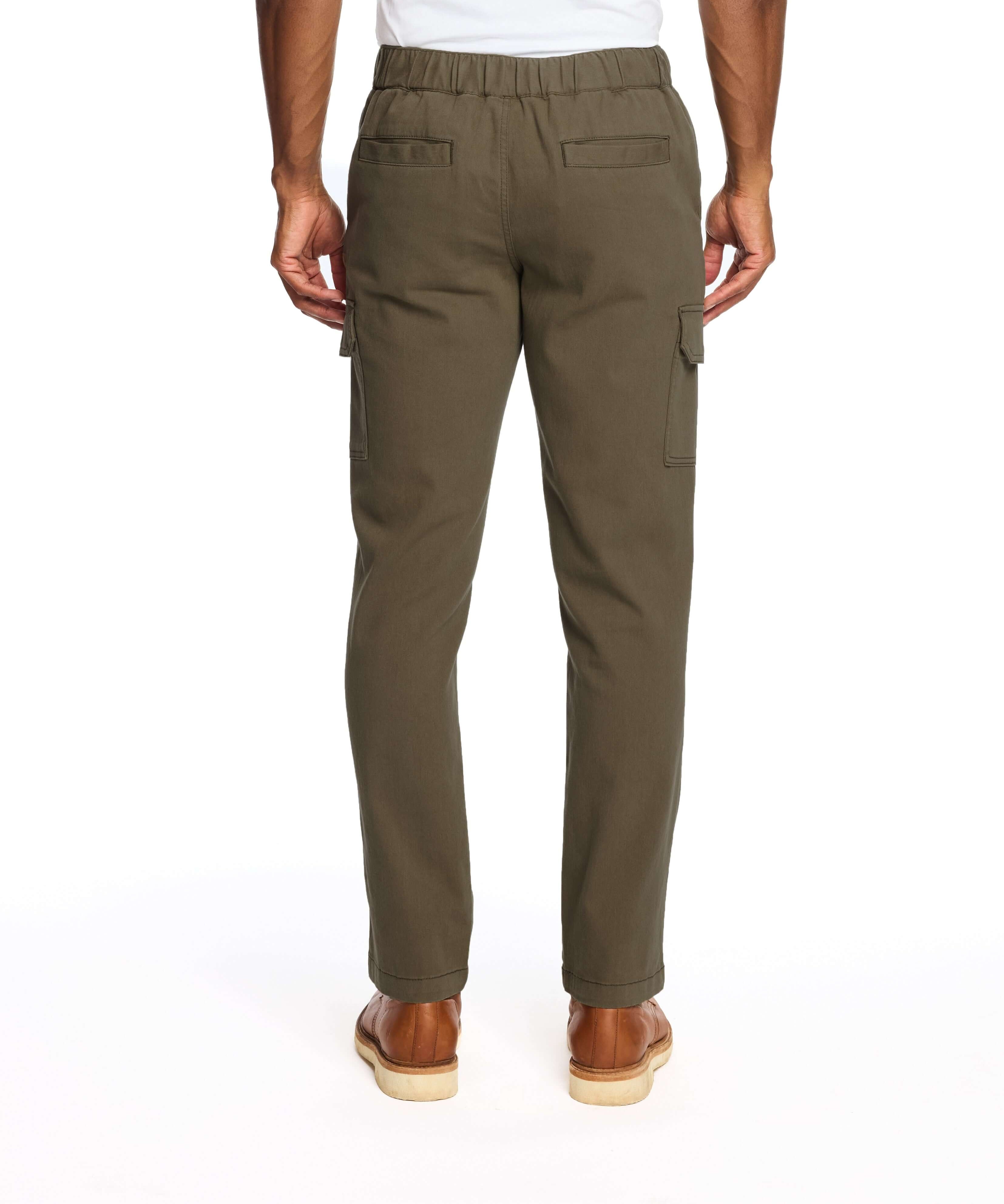 Men's dark olive cargo pants with stretch waist, adjustable drawcord, and multiple pockets.