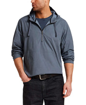 Distressed Poplin Hooded Pullover in Indigo worn by a man, showcasing its half-zip front and relaxed fit.