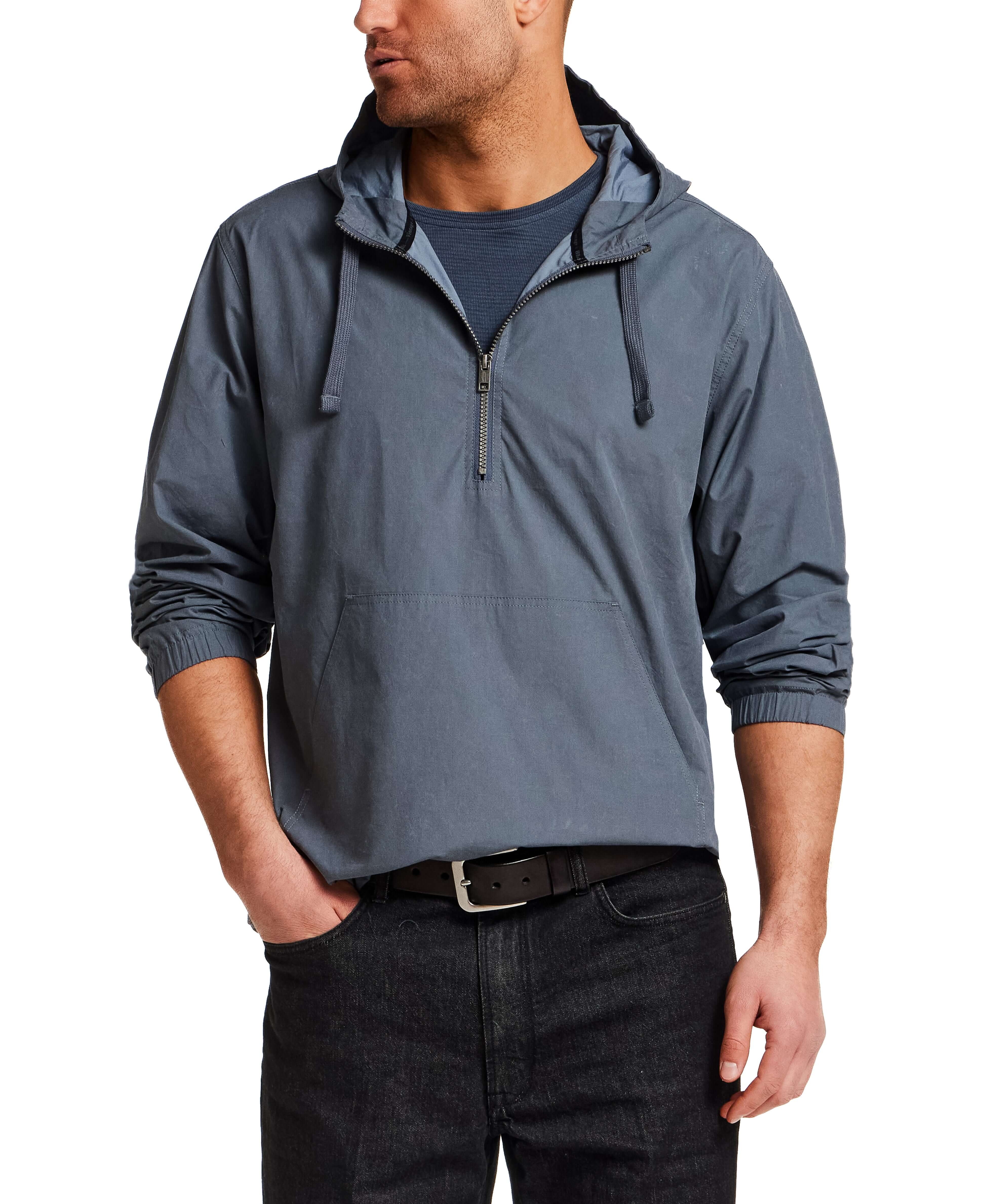 Distressed Poplin Hooded Pullover in Indigo worn by a man, showcasing its half-zip front and relaxed fit.