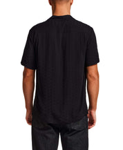 The Dobby Camp Collar Shirt in Black showing back view, lightweight rayon with subtle texture and relaxed fit.
