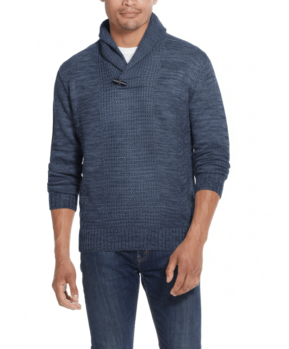 Fisherman Shawl Sweater in Dark Denim Heather worn by a man, featuring a relaxed fit and toggle button.
