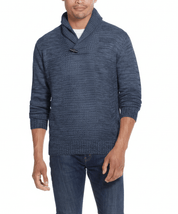 Fisherman Shawl Sweater in Dark Denim Heather worn by a man, featuring a relaxed fit and toggle button.