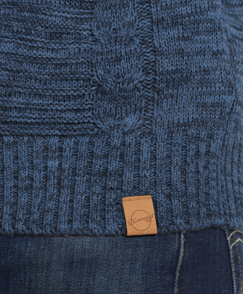 Fisherman Shawl Sweater in Dark Denim Heather showcasing cable knit pattern and rib-knit hem detail.