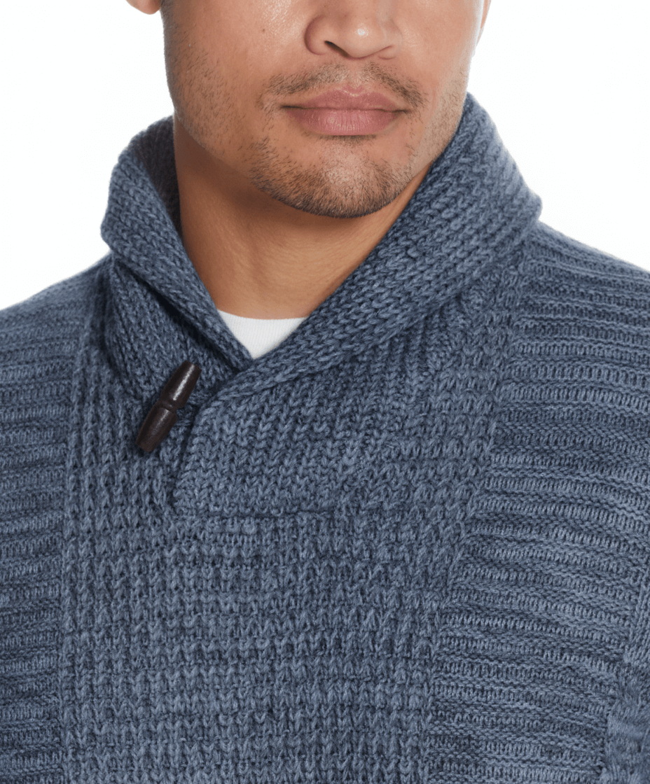 Fisherman Shawl Sweater in Dark Denim Heather featuring a toggle button and cable knit design.