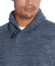 Fisherman Shawl Sweater in Dark Denim Heather featuring a toggle button and cable knit design.