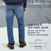 Men's fleece lined jeans in Baltic wash, ideal for warmth and comfort during cold weather.