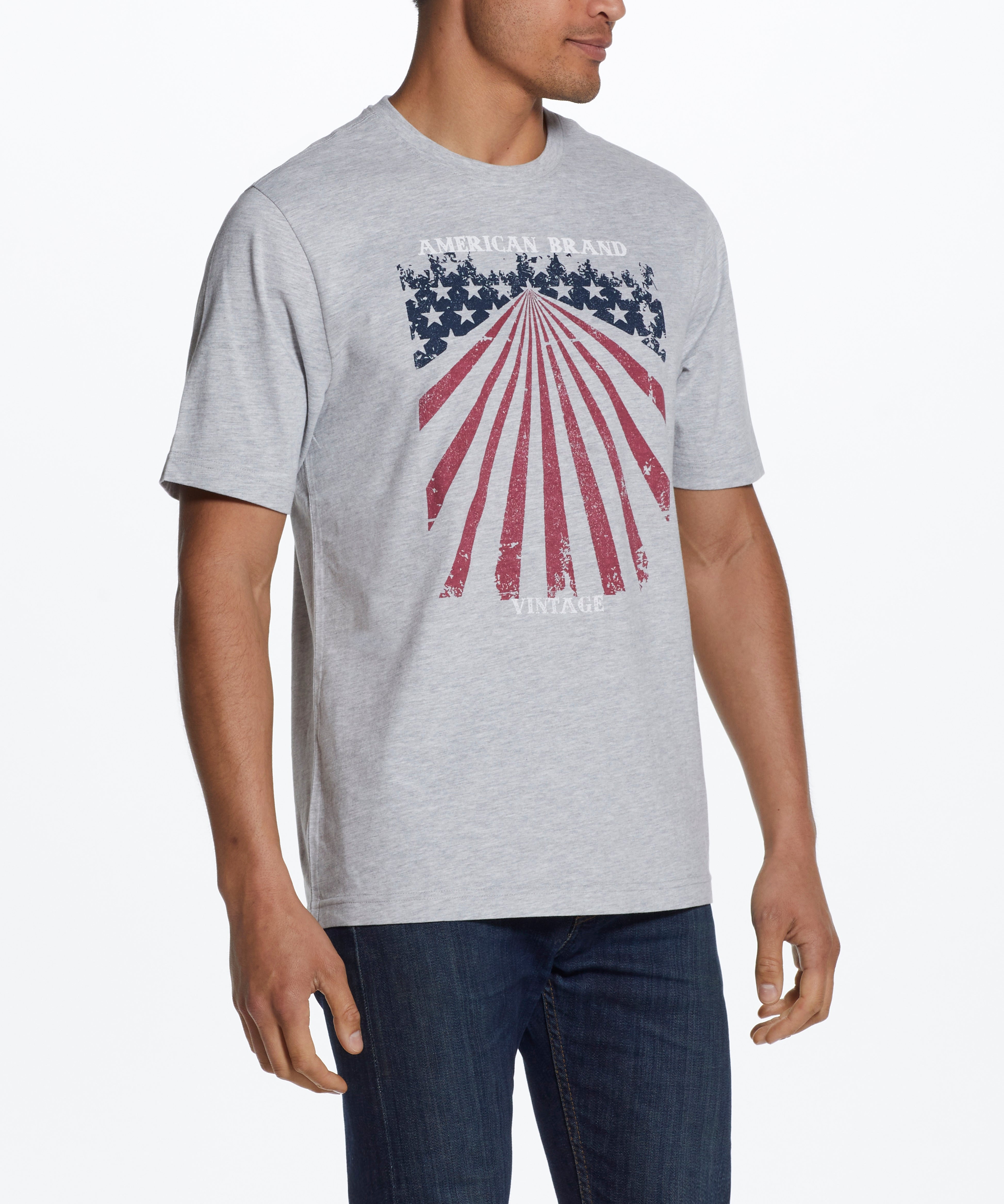 Graphic Tee In Grey Heather featuring American flag graphic and soft jersey fabric for comfort.