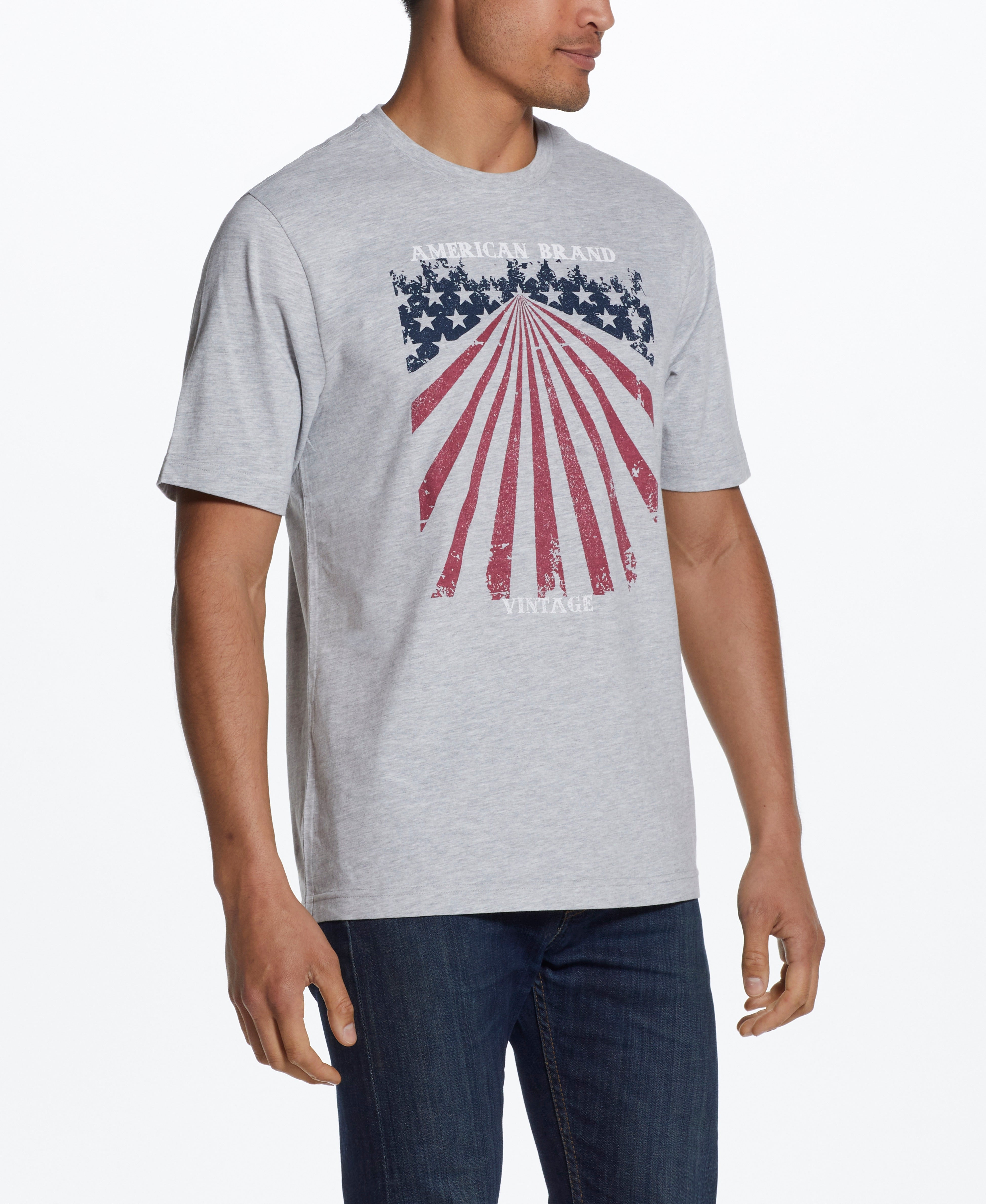 Graphic Tee In Grey Heather featuring American flag graphic and soft jersey fabric for comfort.