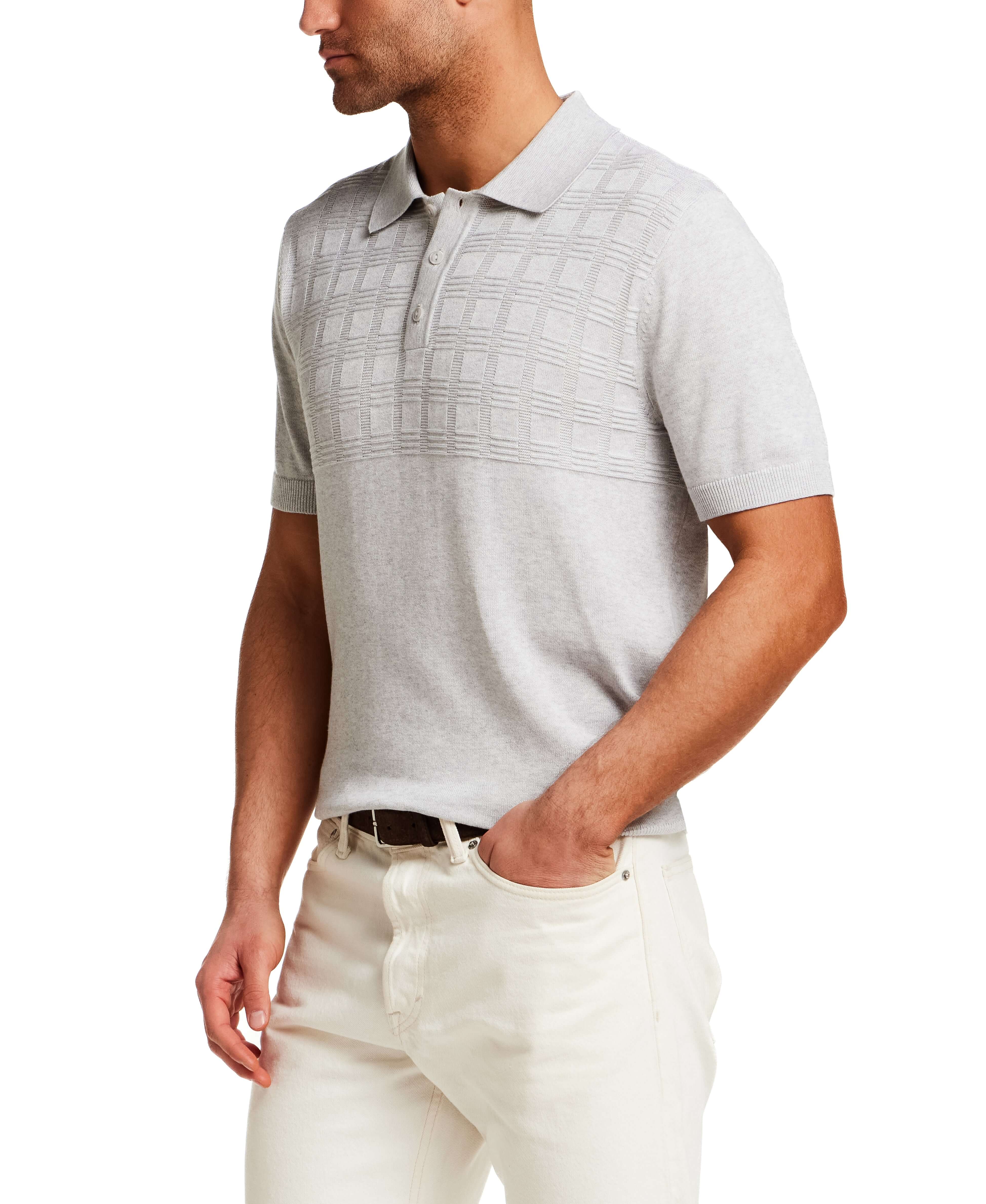 Grid Yoke Polo Sweater in Light Grey