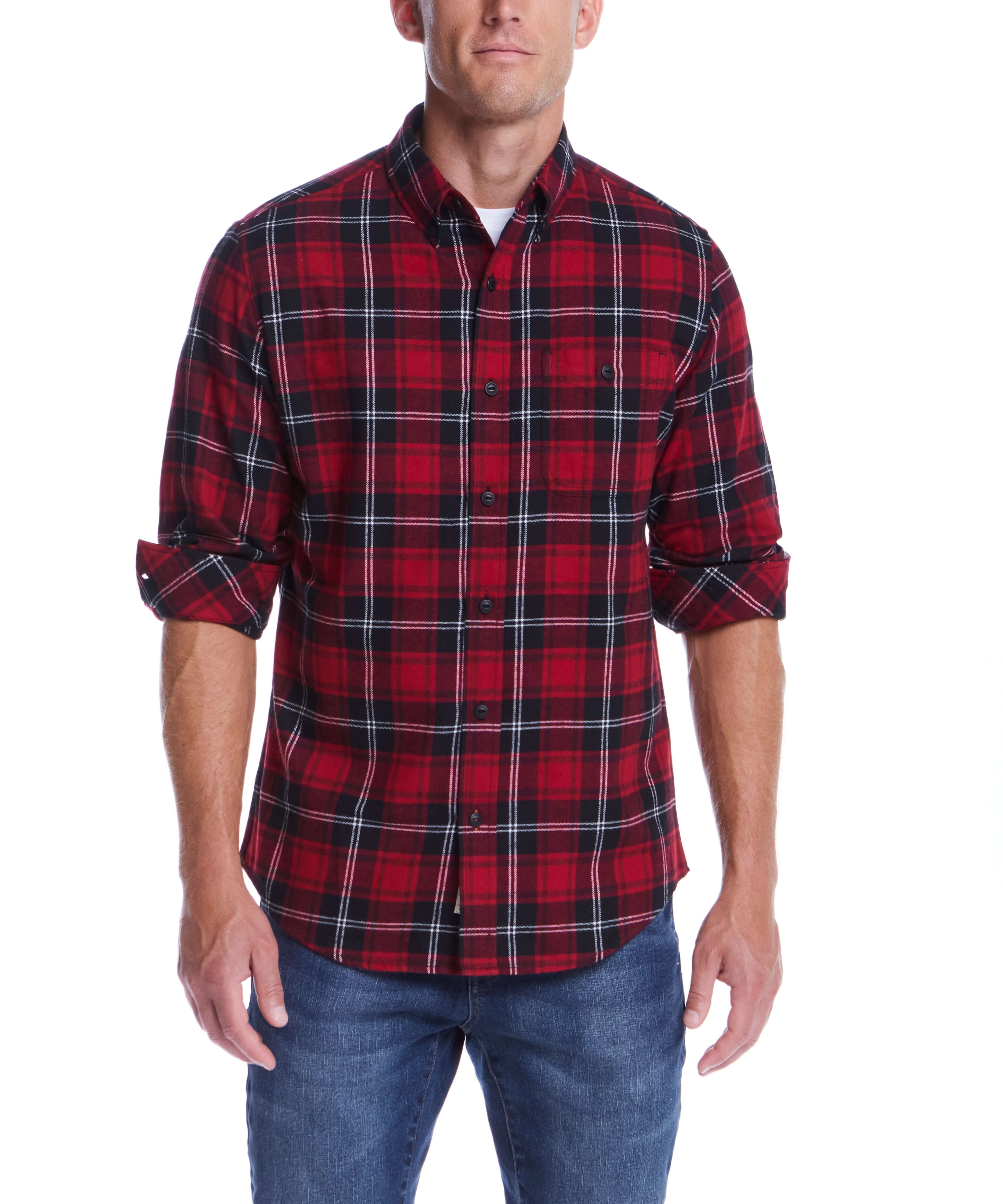 Holiday Antique Flannel shirt in Tango Red, featuring a button-down collar and super soft brushed flannel.