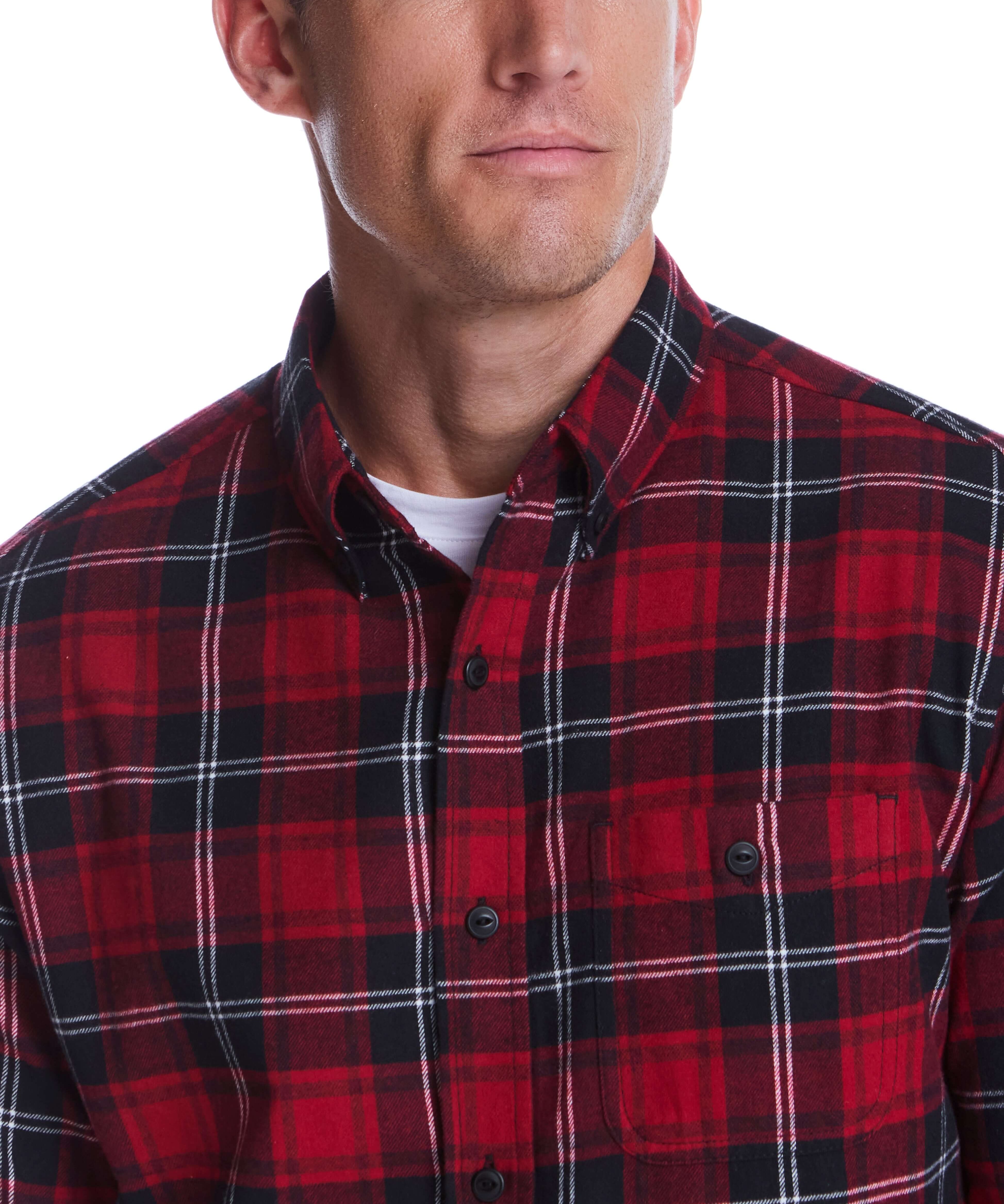 Cozy Holiday Antique Flannel in Tango Red featuring a button-down collar and chest pocket, perfect for winter layering.