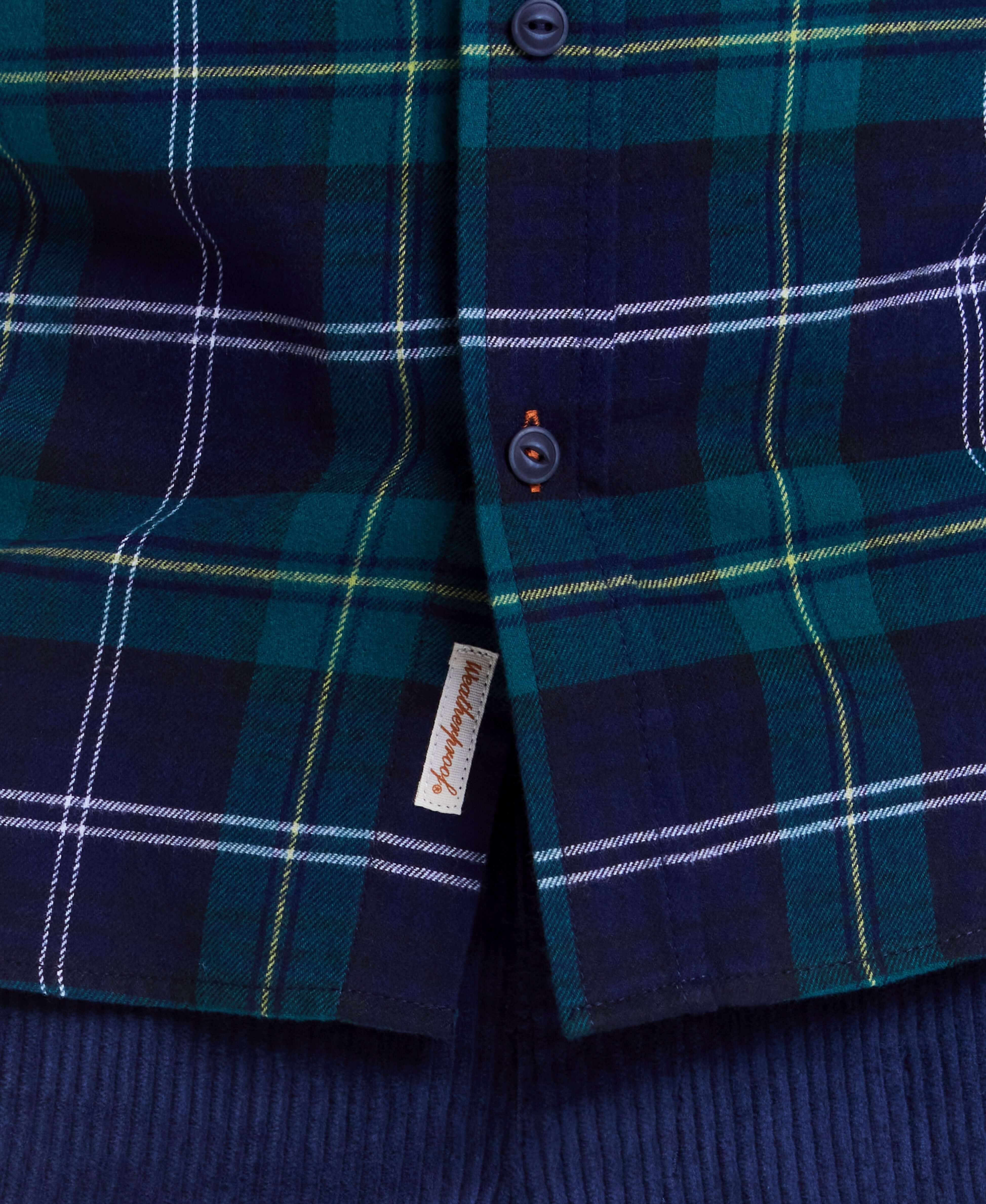 Detail of Holiday Antique Flannel in Verdant Green, showcasing plaid pattern and button details for cozy winter style.