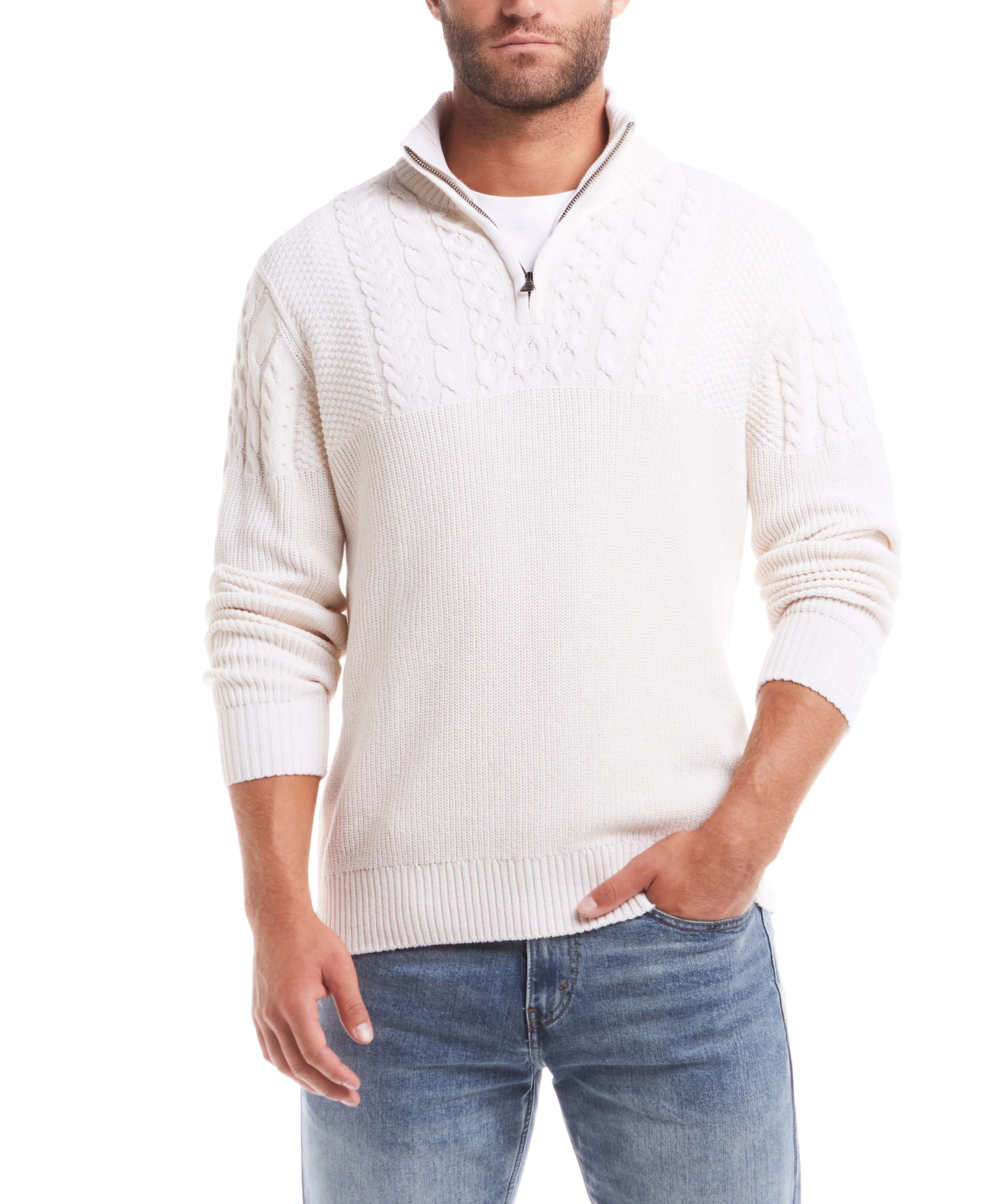 Holiday Cable Yoke Quarter Zip Sweater in Ecru, featuring classic Aran cable design, rib trims, and a cozy fit.