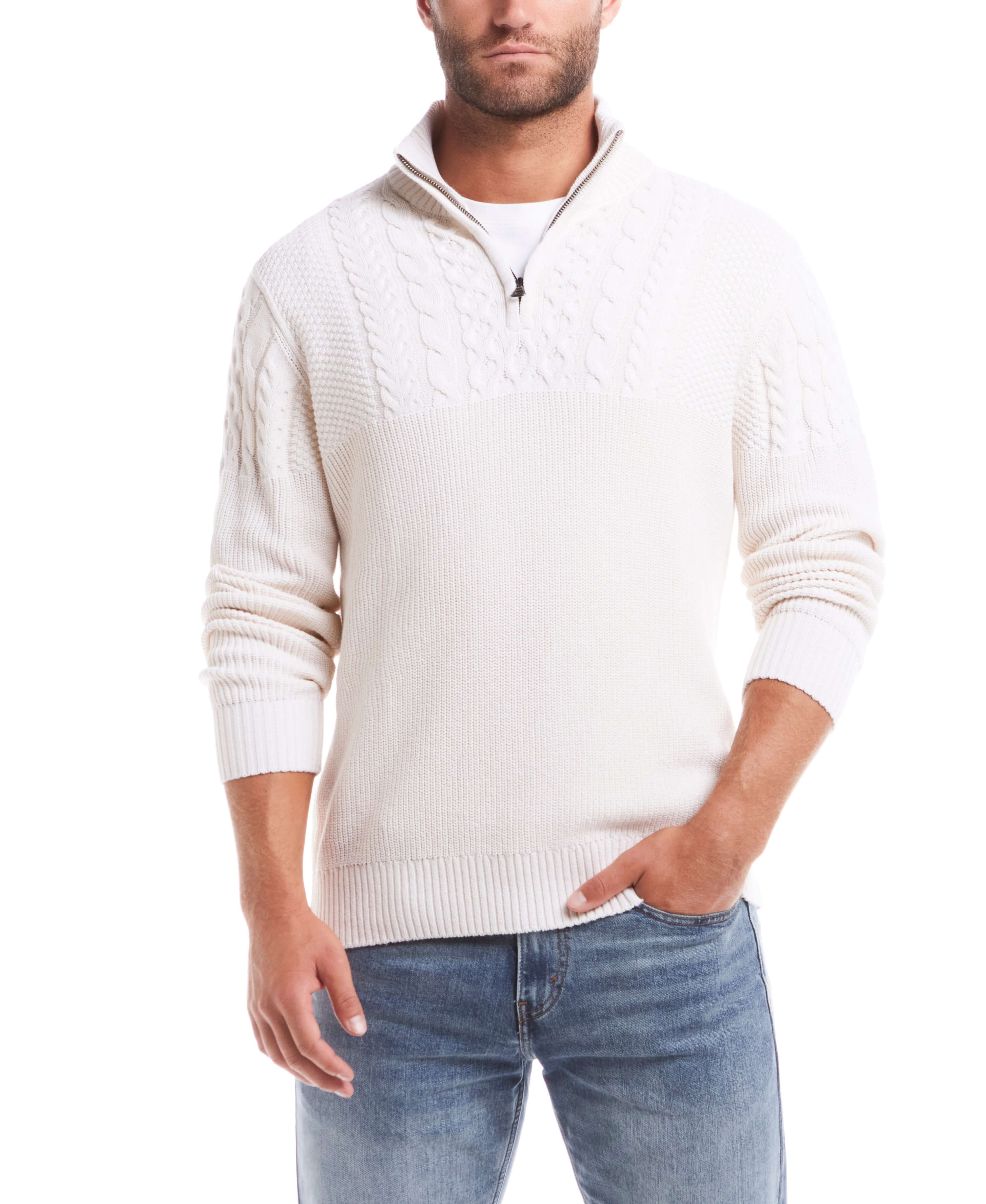 Holiday Cable Yoke Quarter Zip Sweater in Ecru, featuring classic Aran cable design, rib trims, and a cozy fit.