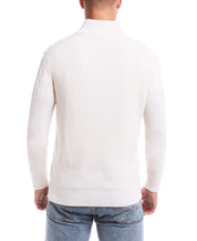 Back view of Holiday Cable Yoke Quarter Zip Sweater in Ecru, showcasing rib trims and Aran cable details.