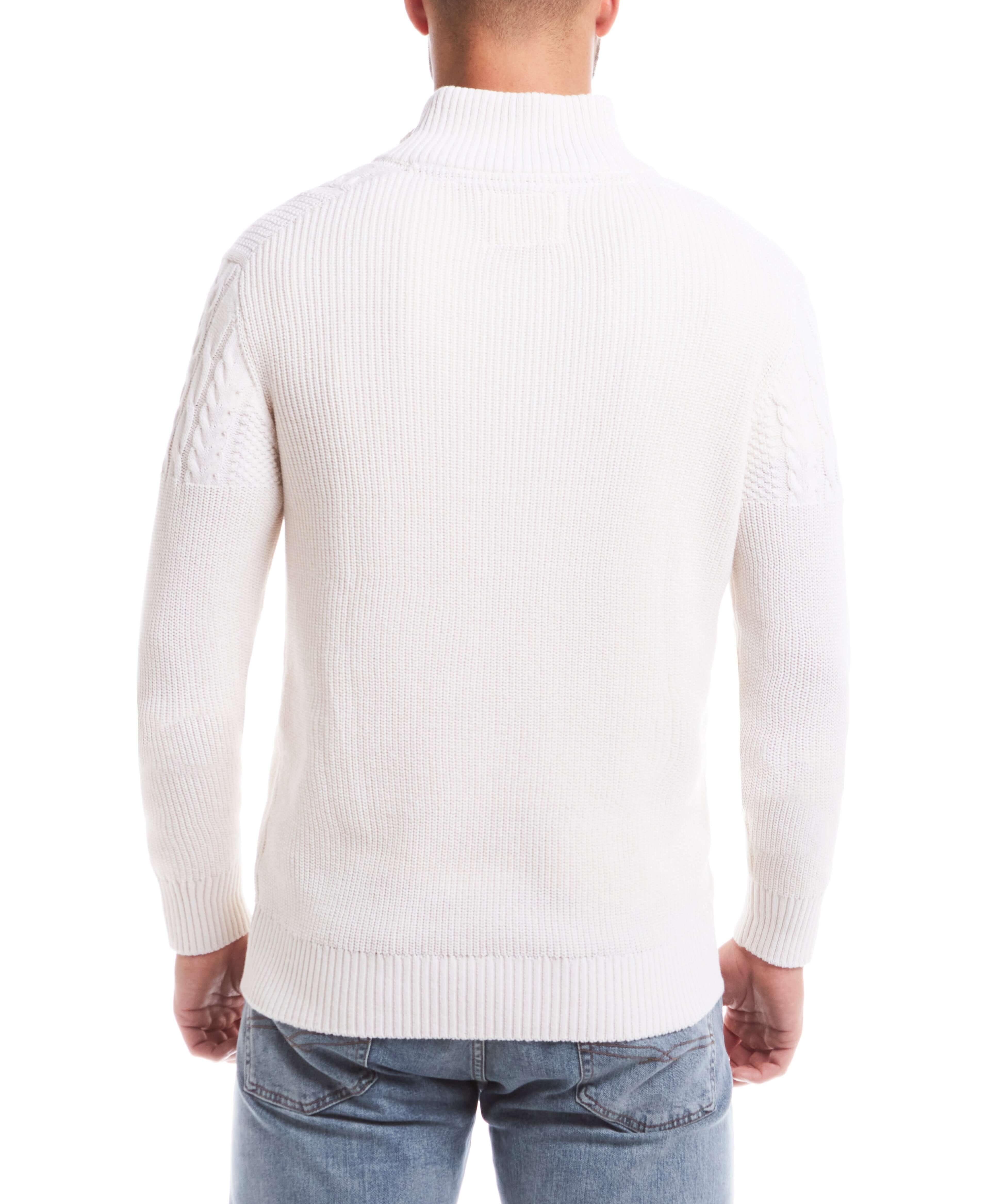 Back view of Holiday Cable Yoke Quarter Zip Sweater in Ecru, showcasing rib trims and Aran cable details.