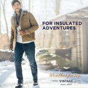 Man in winter attire promoting insulated adventures outdoors in a snowy setting.