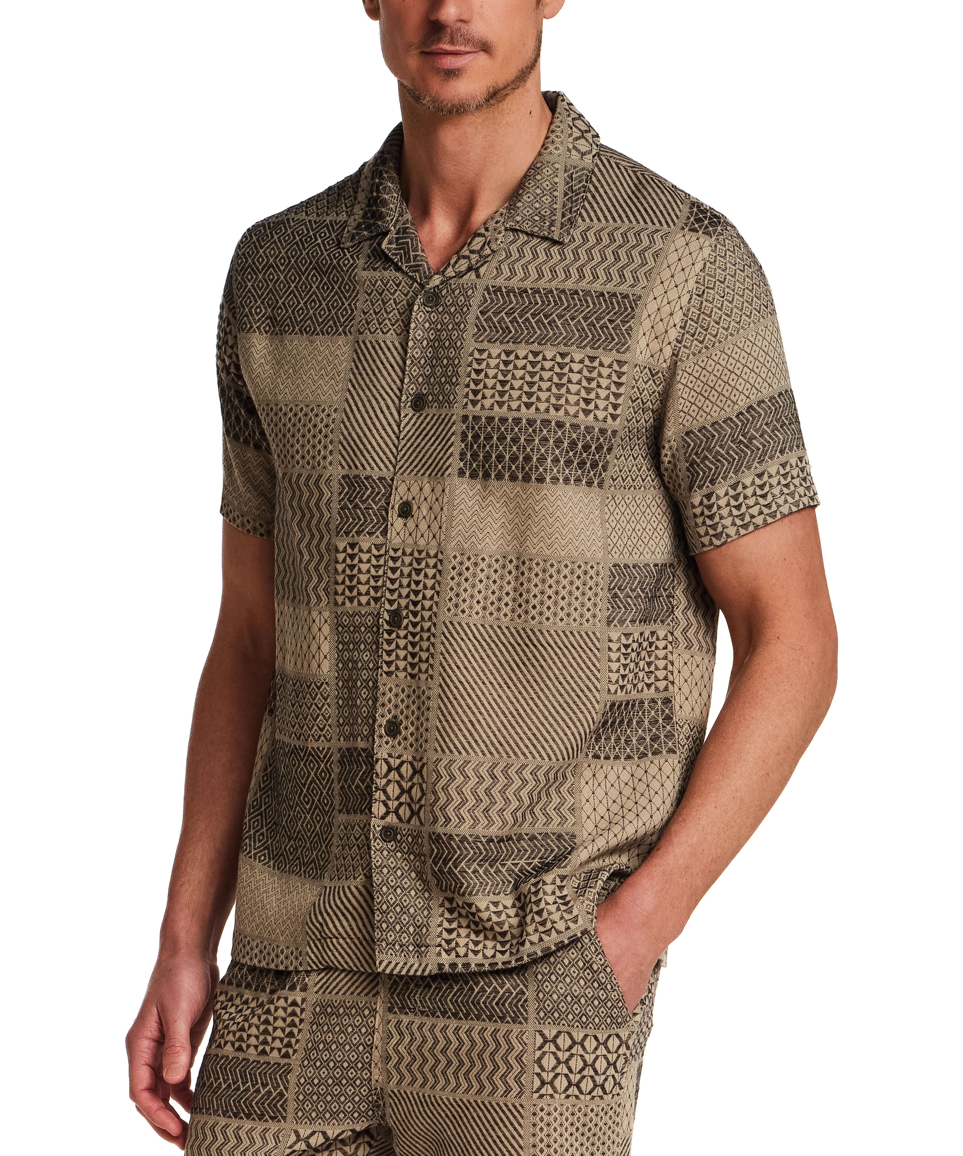 Jacquard Resort Shirt in Khaki featuring textured fabric and classic resort style, perfect for vacation wear.