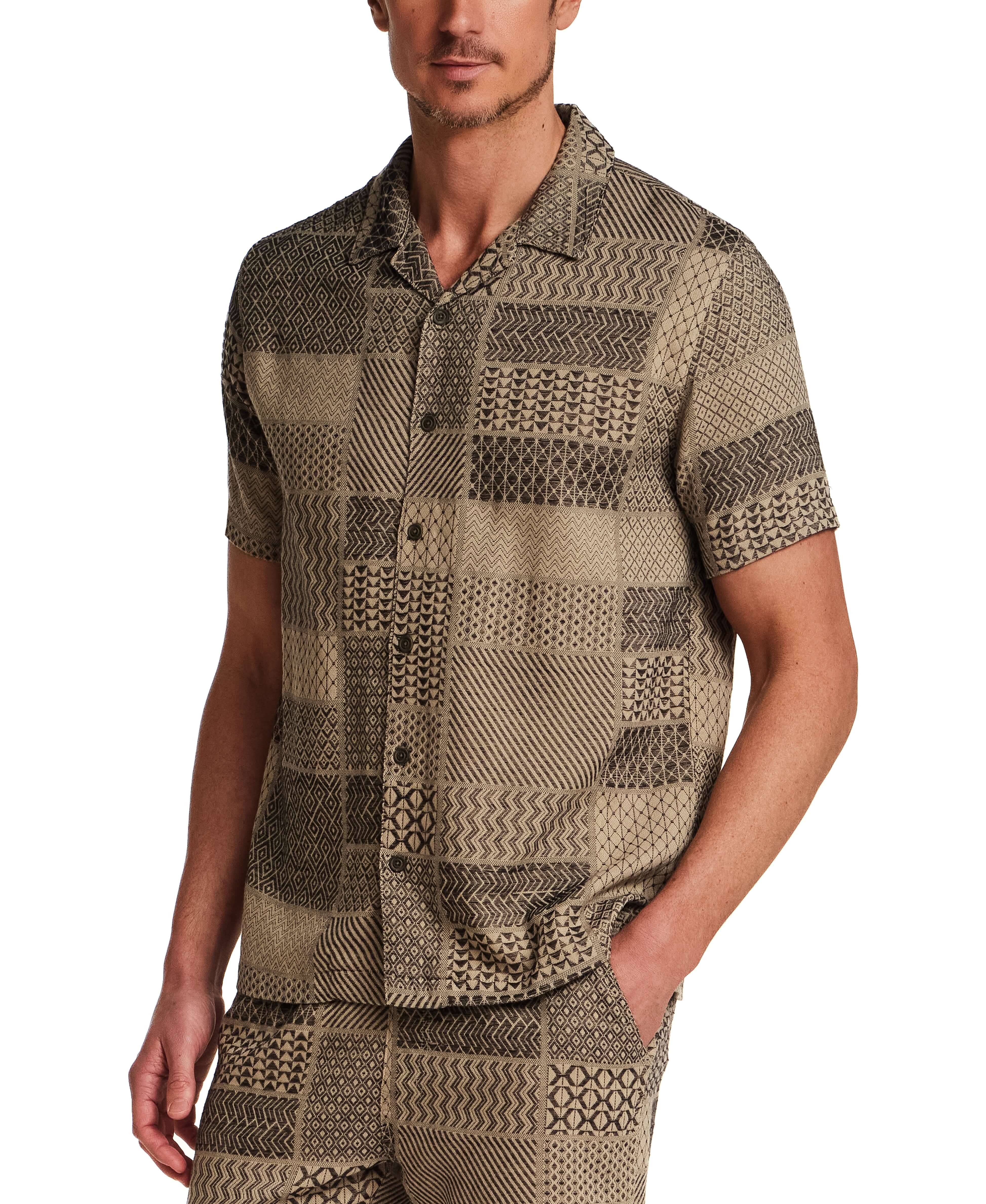 Jacquard Resort Shirt in Khaki featuring textured fabric and classic resort style, perfect for vacation wear.