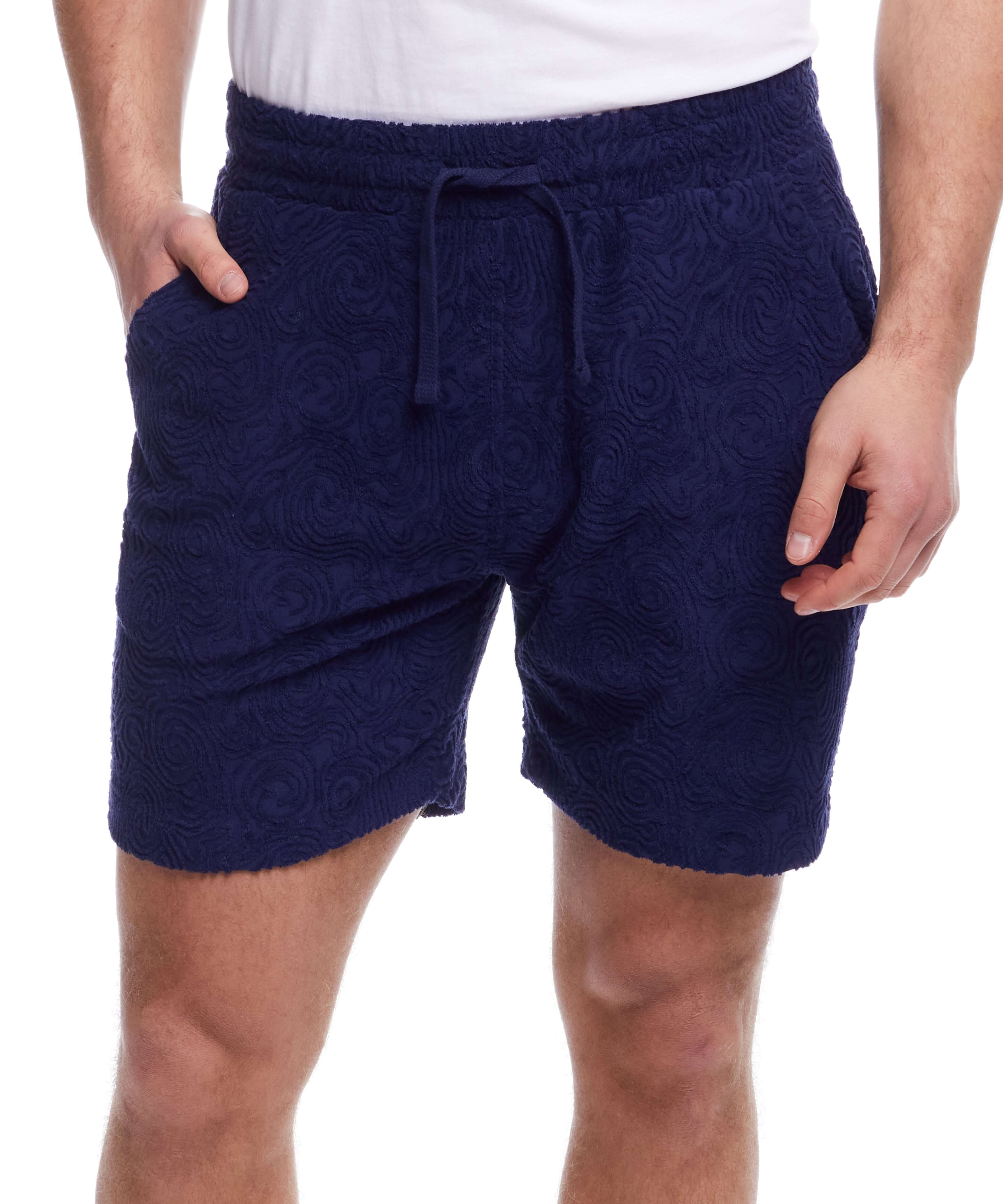 Jacquard Terry Knit Shorts in Navy featuring a soft, textured design and adjustable drawstring waistband