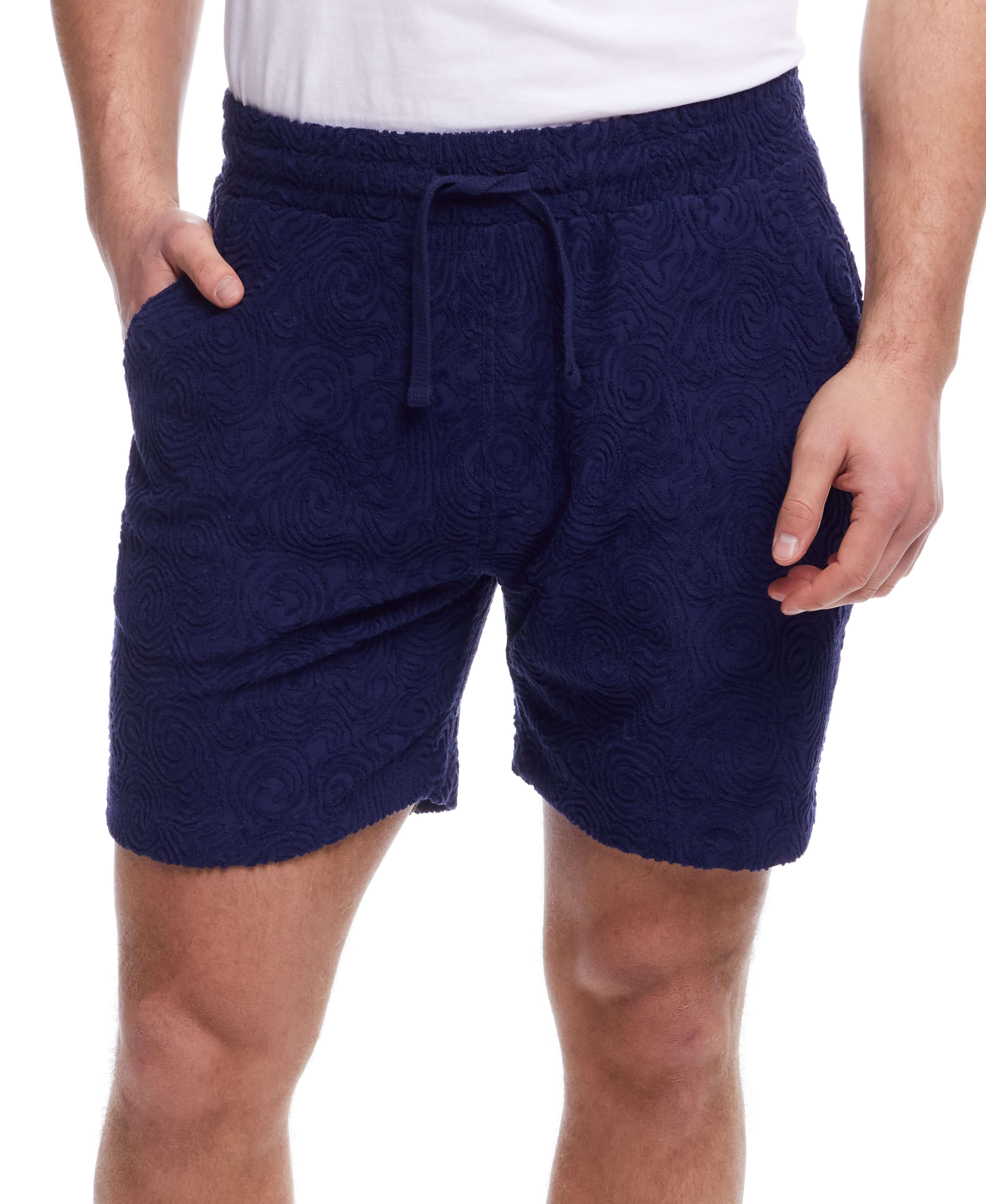 Jacquard Terry Knit Shorts in Navy featuring a soft, textured design and adjustable drawstring waistband