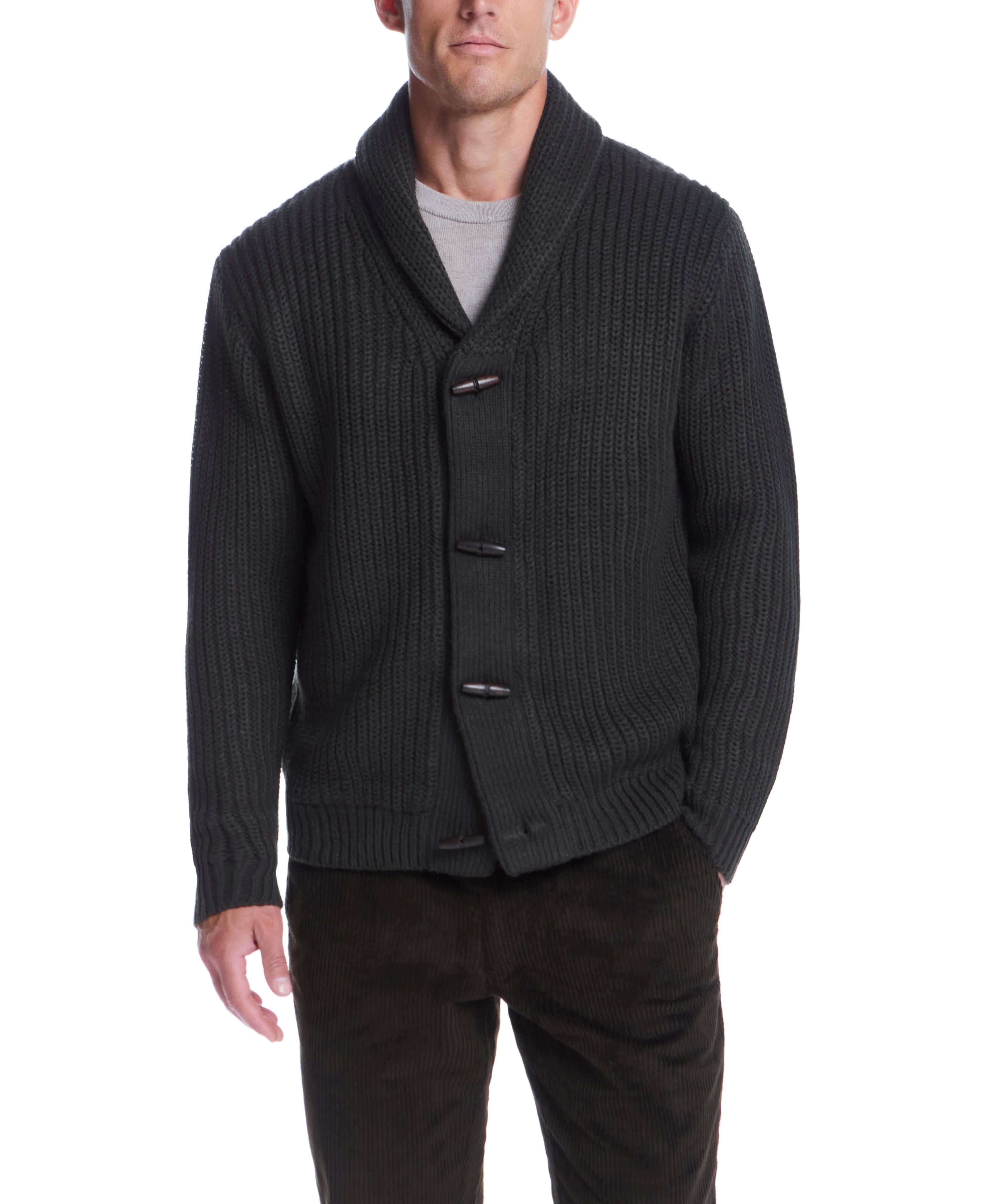 Dark olive shawl collar cardigan with rib-knit cuffs and wood toggle buttons, perfect for winter style.
