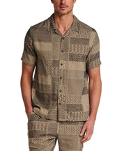 Jacquard Resort Shirt in Khaki worn by a model, featuring textured fabric and resort collar, perfect vacation attire.