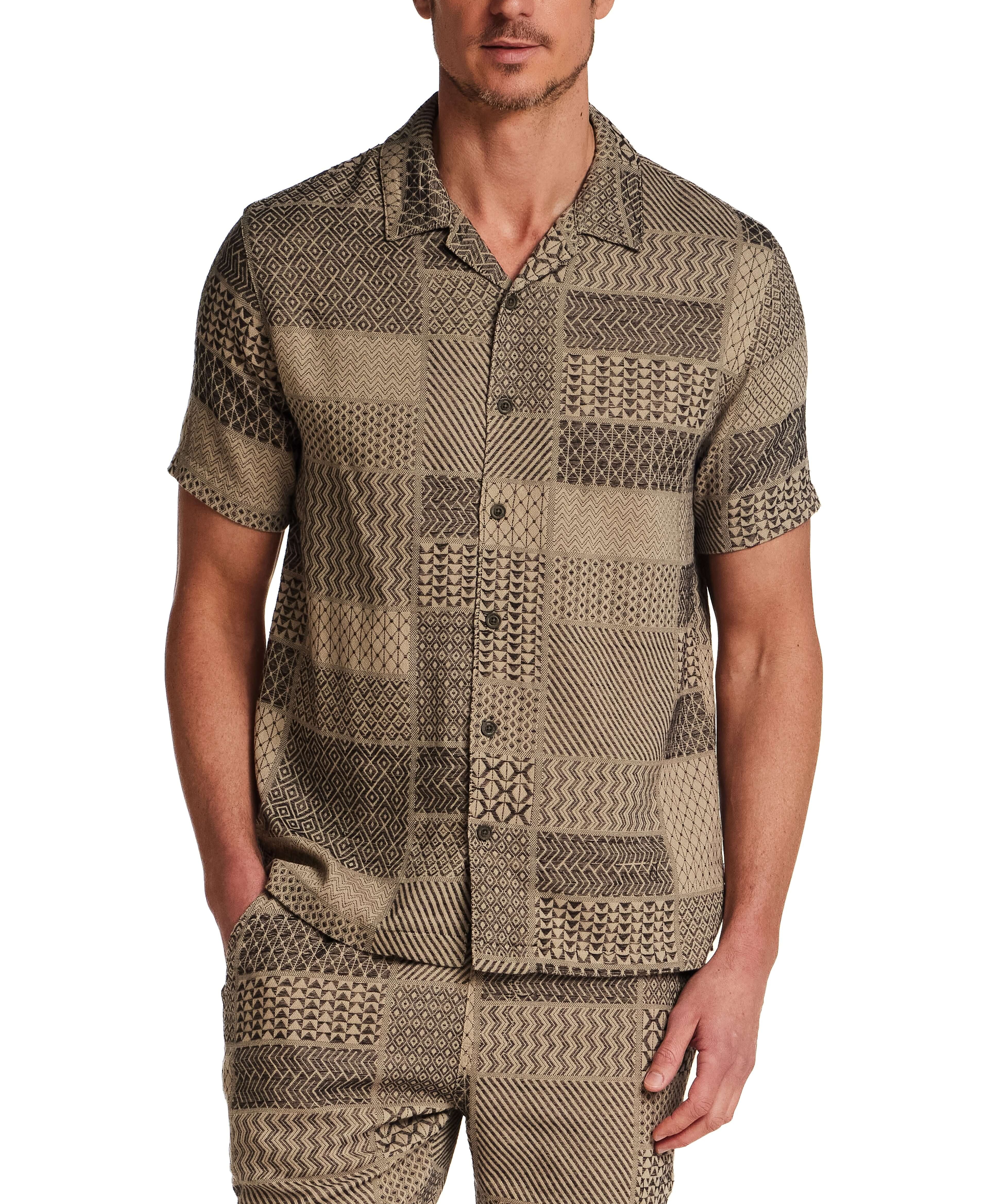 Jacquard Resort Shirt in Khaki worn by a model, featuring textured fabric and resort collar, perfect vacation attire.
