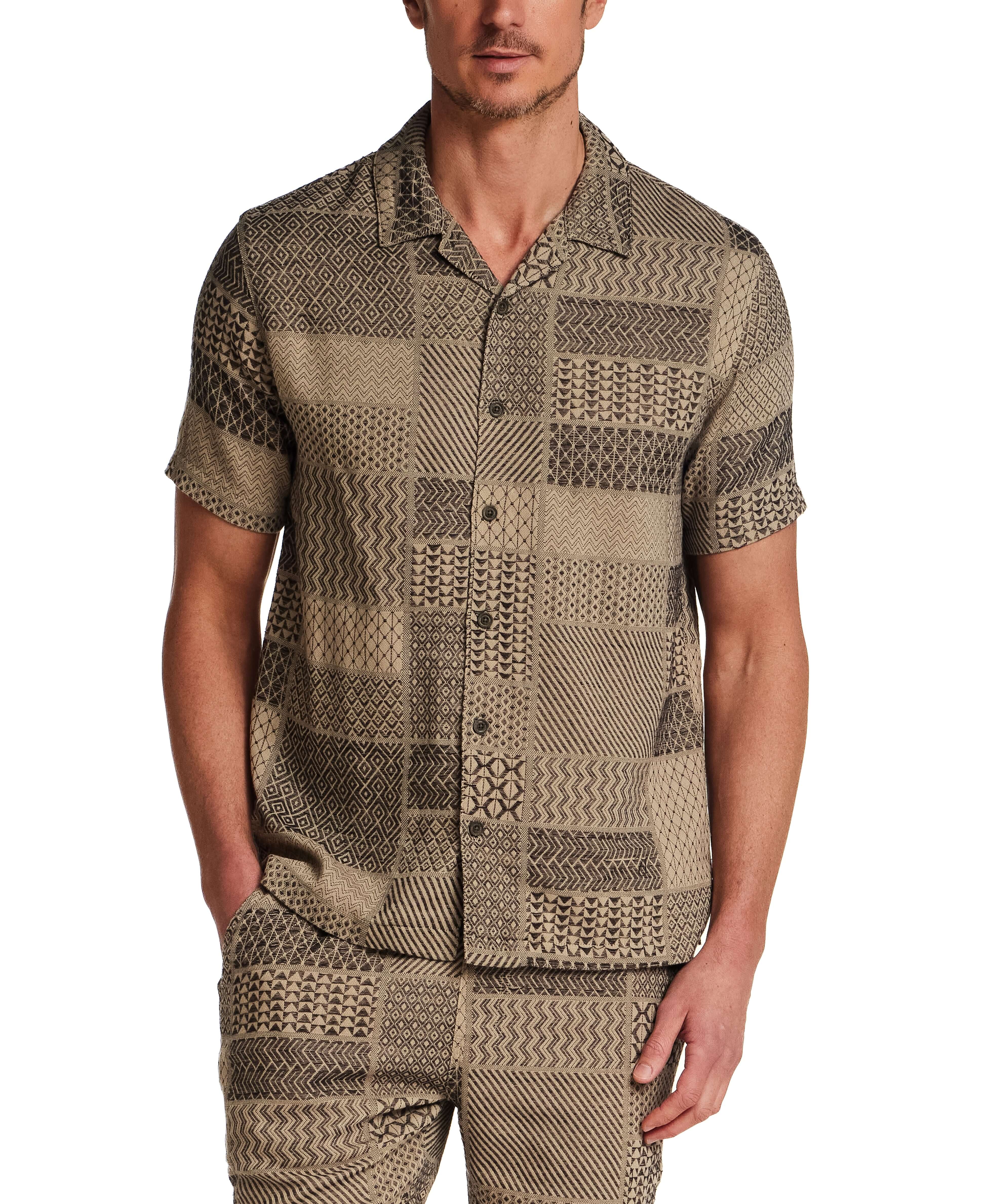 Jacquard Resort Shirt in Khaki worn by a model, featuring textured fabric and resort collar, perfect vacation attire.