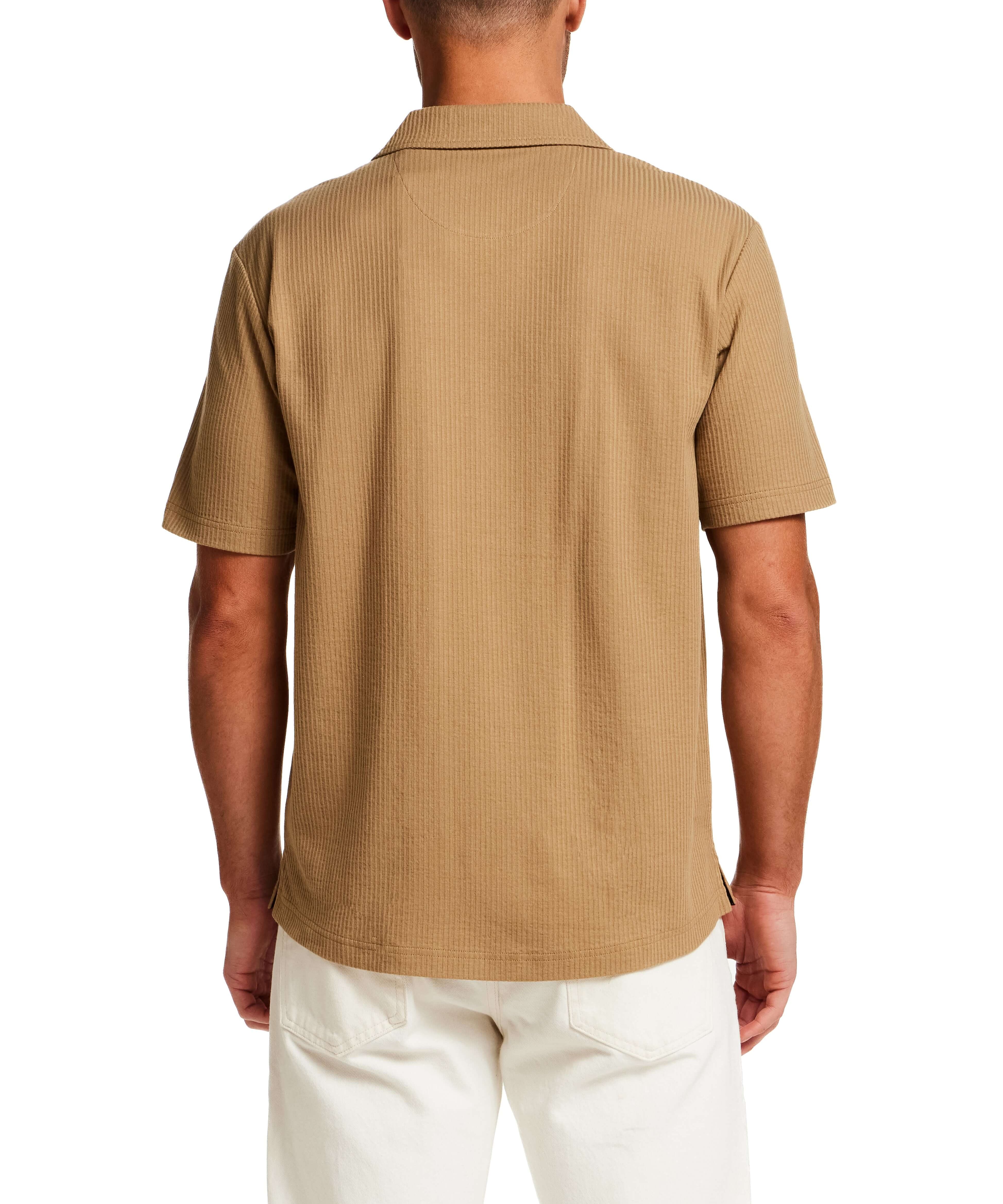 Back view of Seersucker Coatfront Knit in Khaki showcasing subtle grid texture and structured collar.