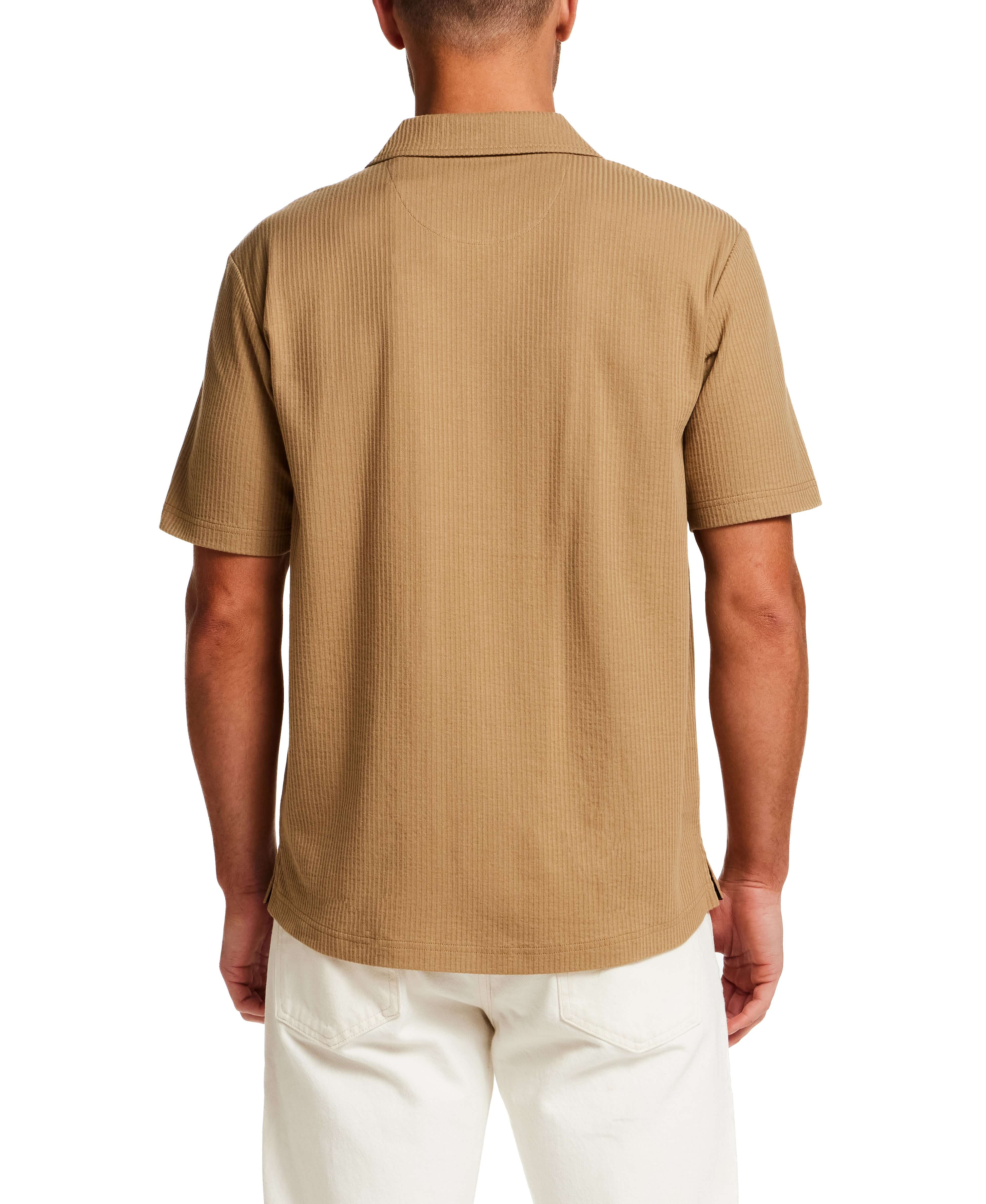 Back view of Seersucker Coatfront Knit in Khaki showcasing subtle grid texture and structured collar.