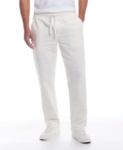 Linen blend drawstring pants in white with elastic waist, side pockets, and relaxed fit for casual style.