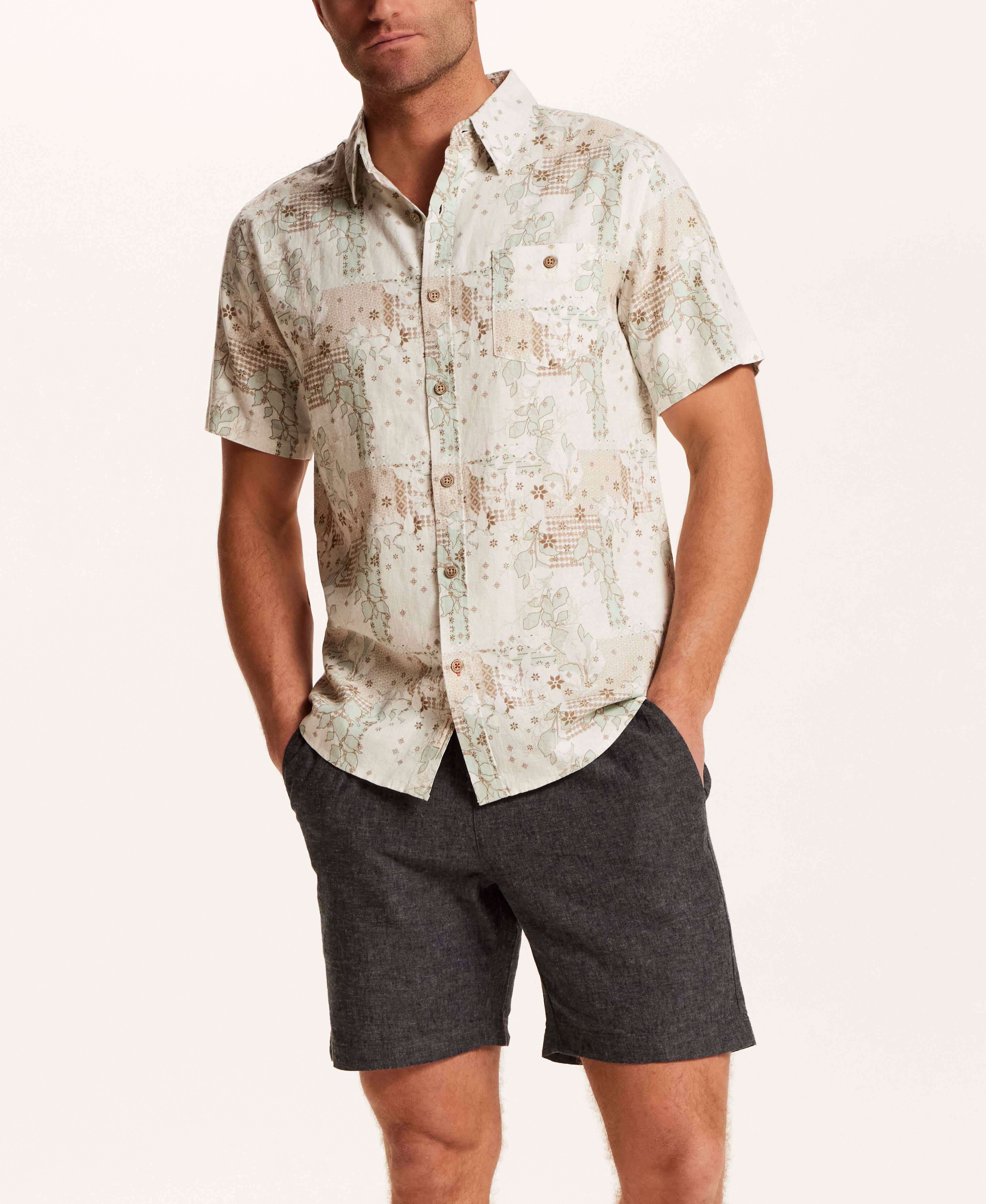 Linen Blend Print Shirt in Tender Green