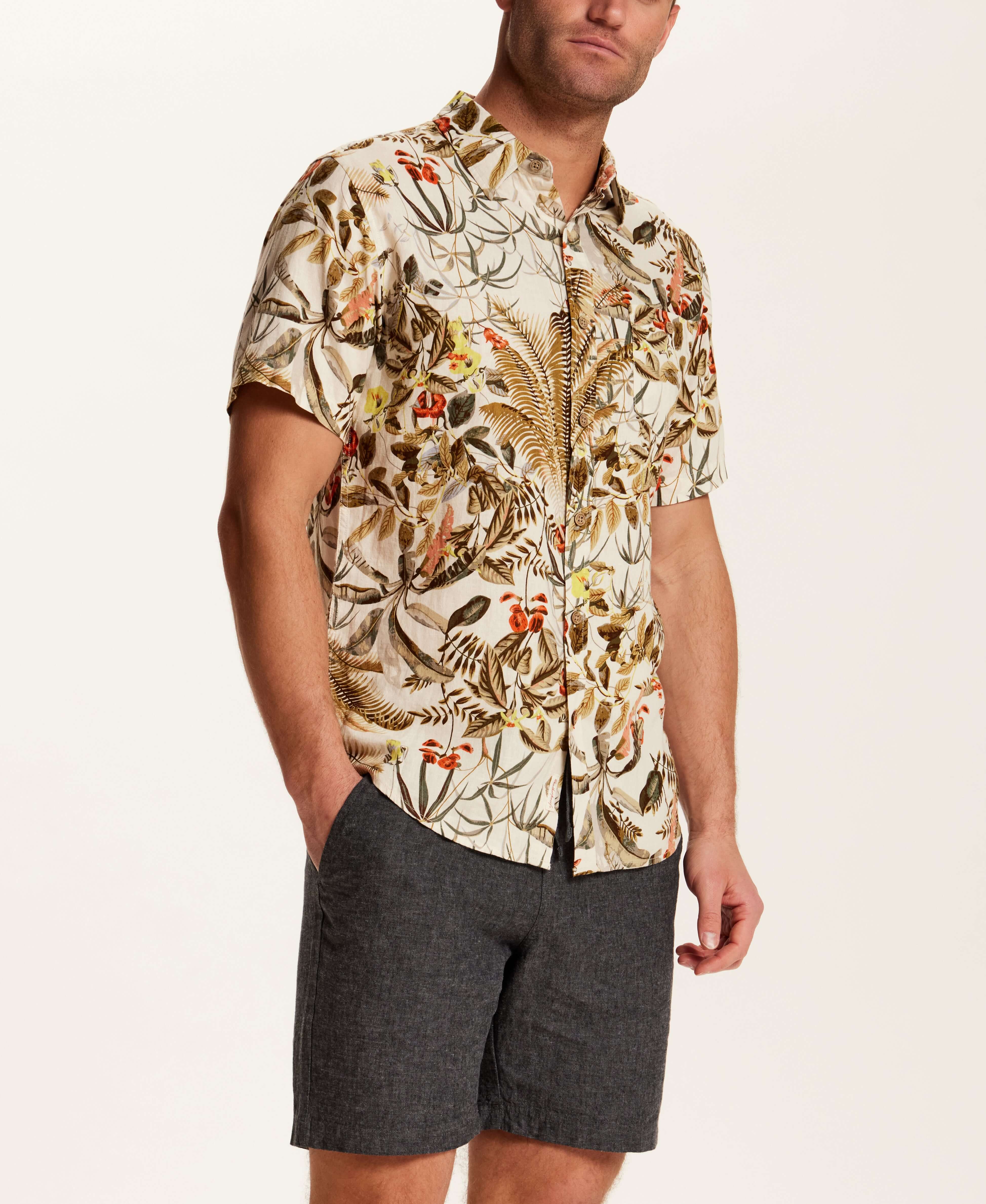 Linen Blend Print Shirt in Wheat