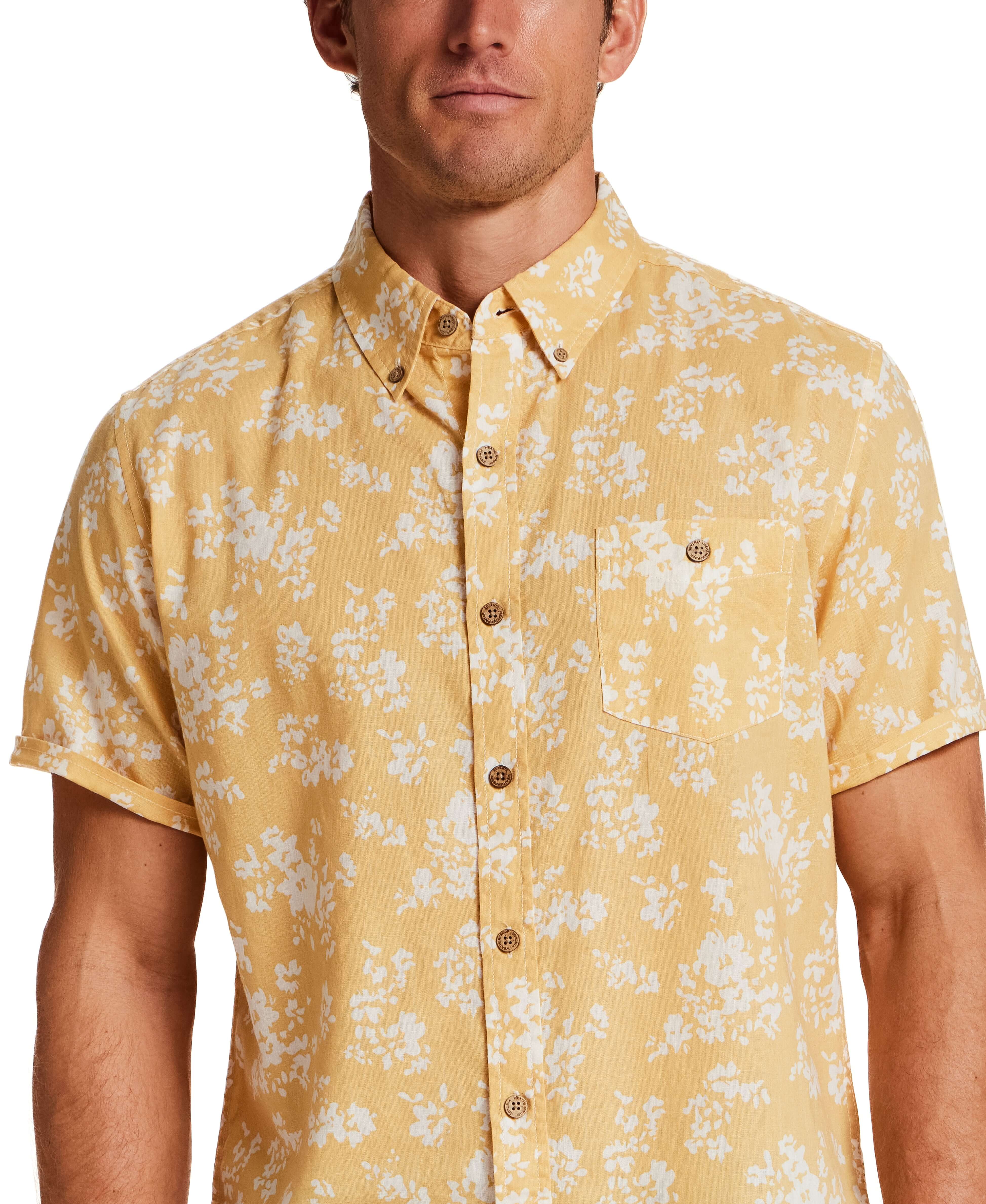 The Linen Cotton Print Shirt in Misted Yellow featuring an abstract floral pattern on a relaxed fit design.