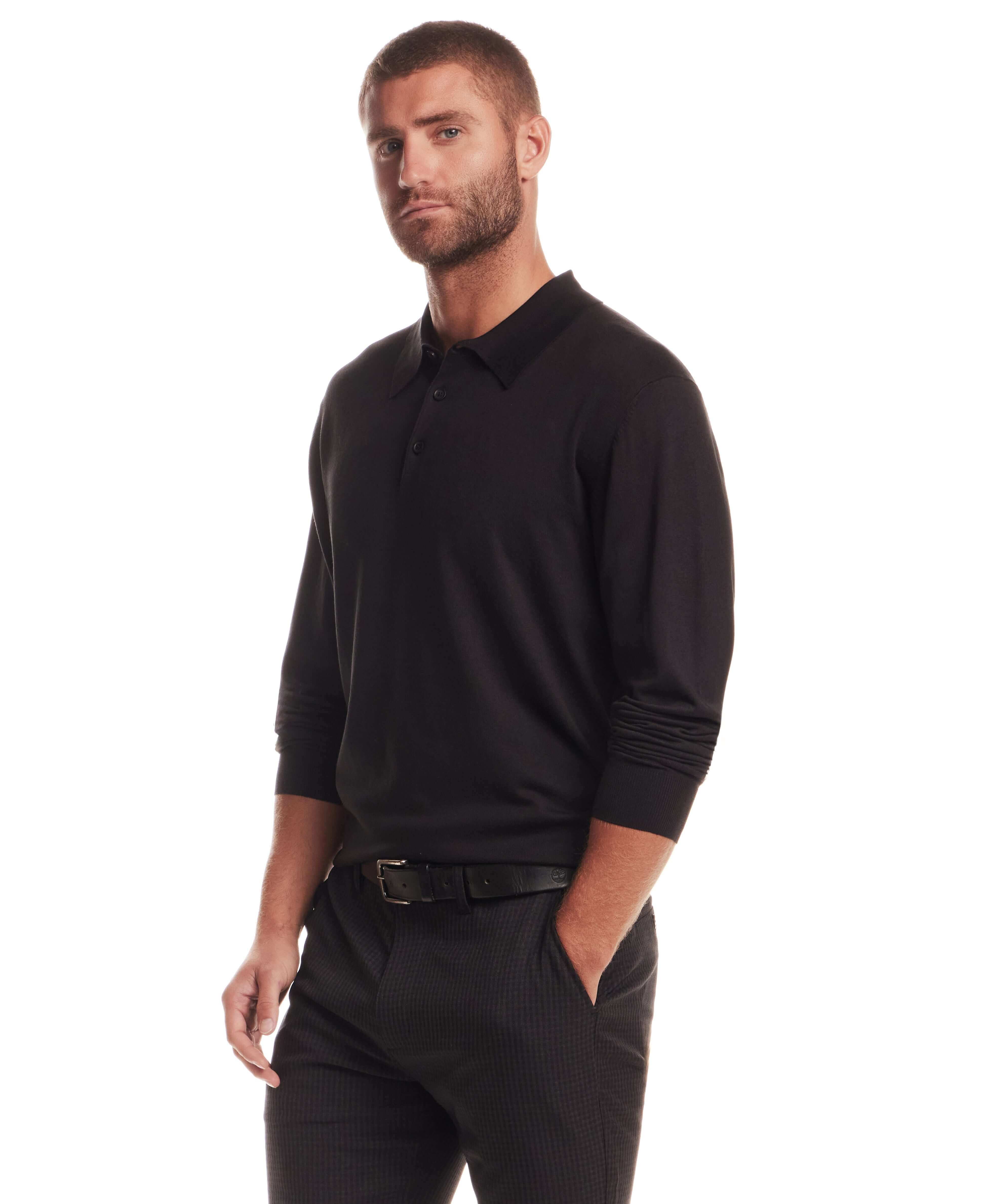 Long Sleeve Polo Sweater in Black modeled by a man, featuring a polo collar and long sleeves.