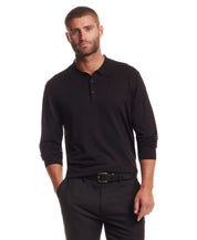 Long Sleeve Polo Sweater in Black worn by a model, showcasing its refined fit and lightweight design.