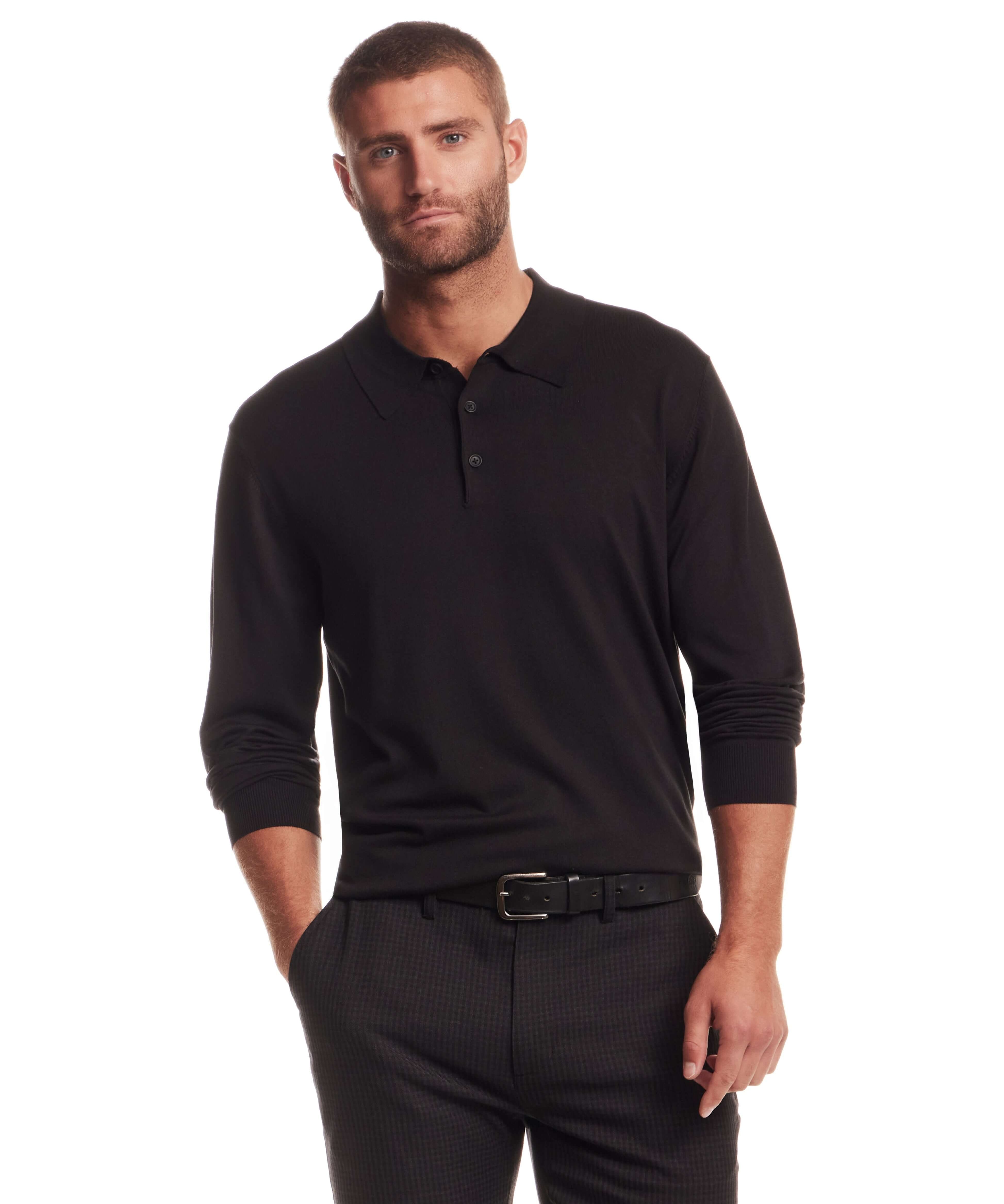 Long Sleeve Polo Sweater in Black worn by a model, showcasing its refined fit and lightweight design.