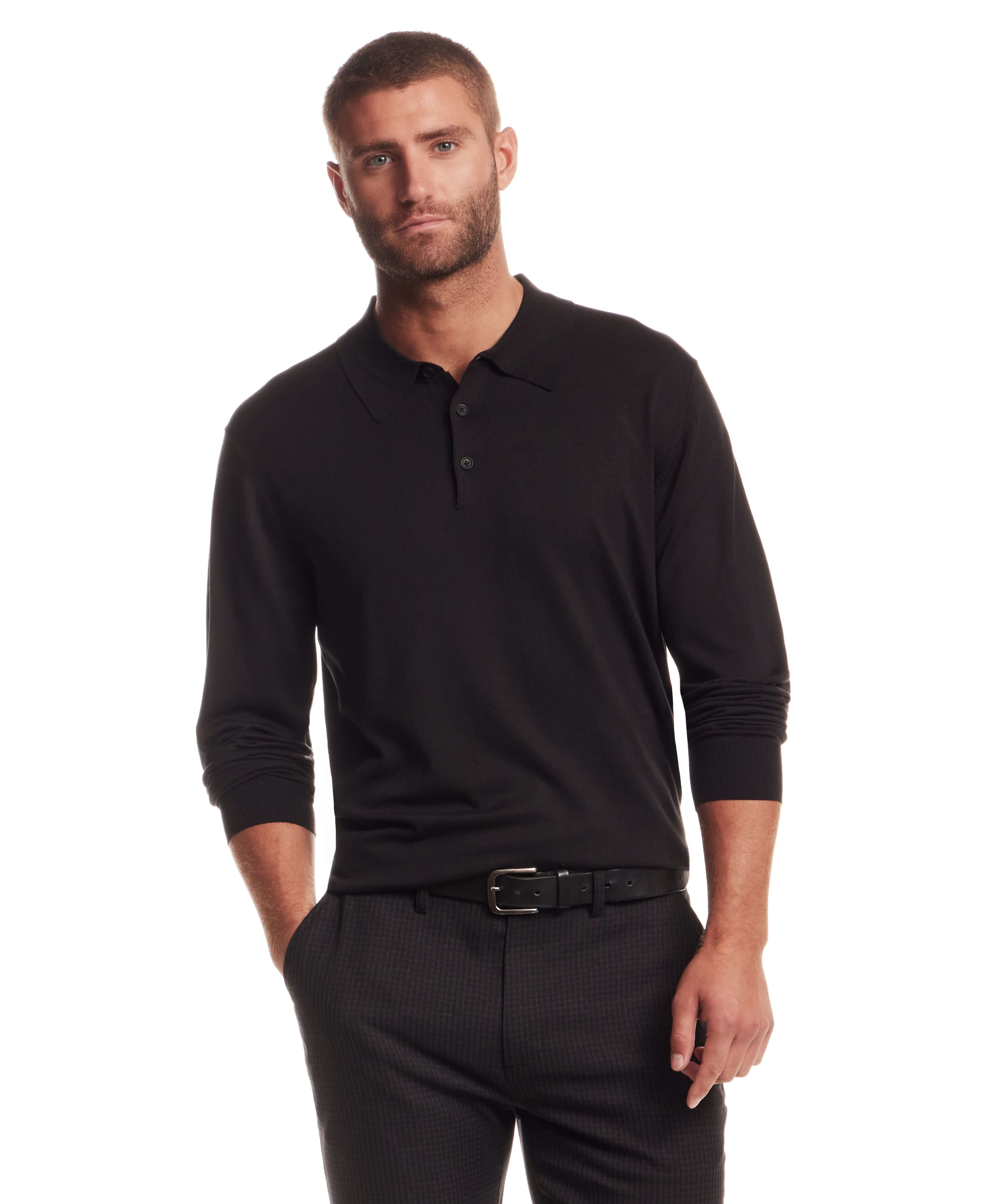 Long Sleeve Polo Sweater in Black worn by a model, showcasing its refined fit and lightweight design.