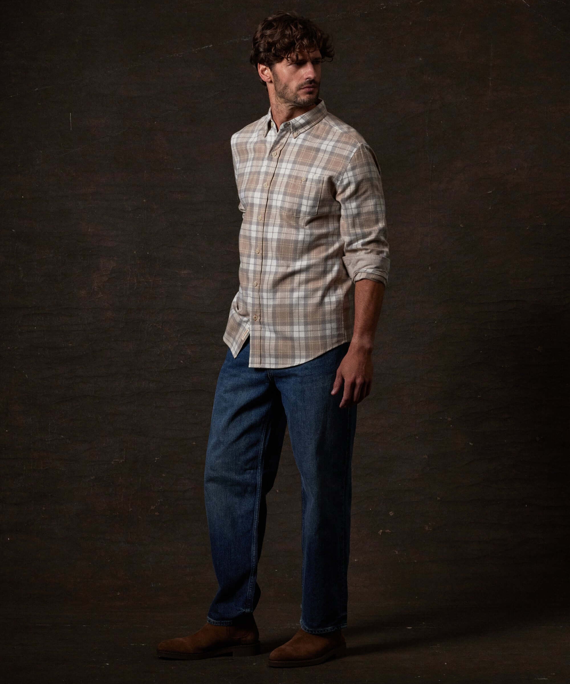Long Sleeve Brushed Flannel in Beige worn by male model, showcasing a classic fit and rustic style.