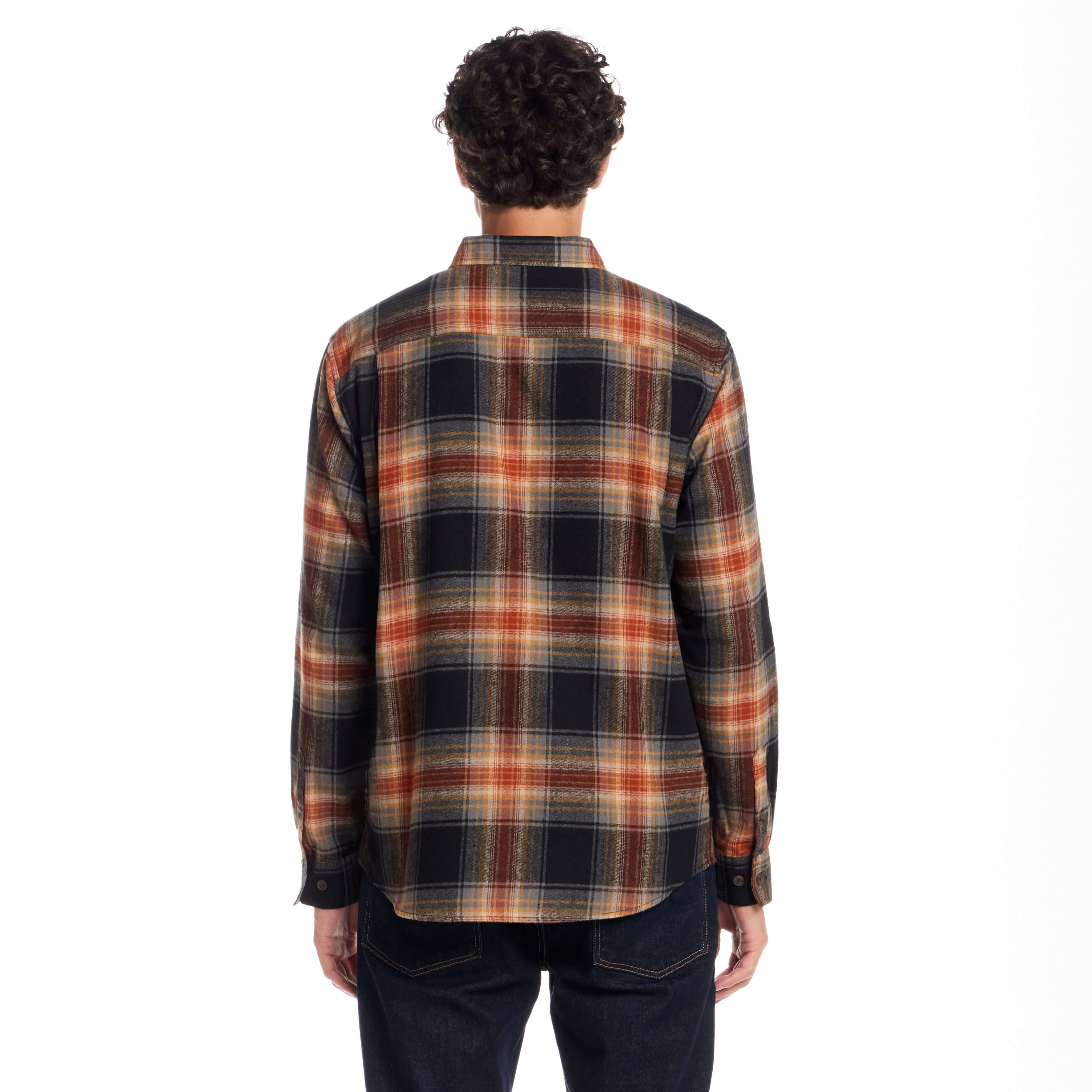 Back view of Long Sleeve Brushed Flannel in Bombay Brown showcasing its classic plaid design.