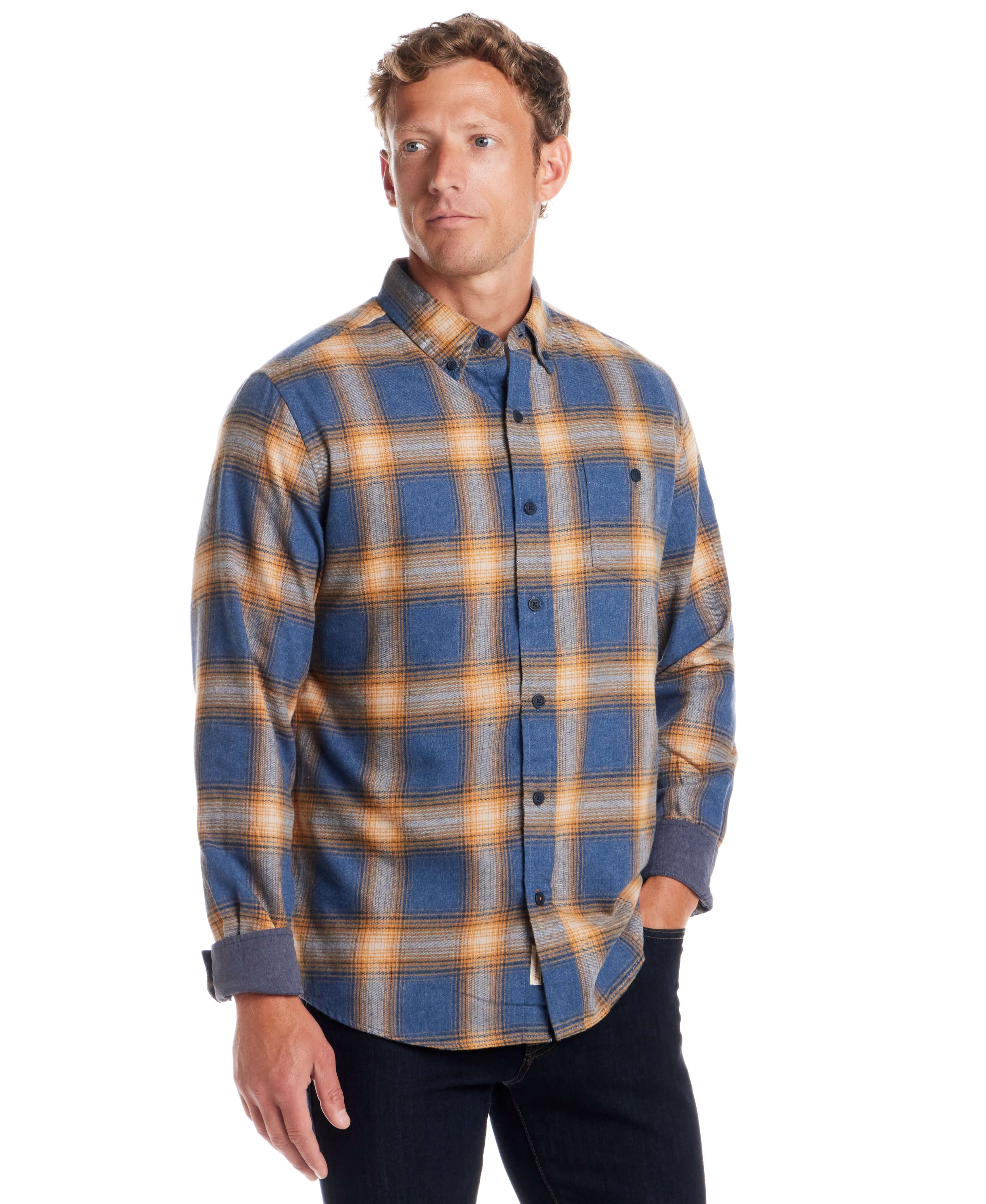 Long Sleeve Brushed Flannel in Delft Blue displayed on model, featuring a classic button-down collar and plaid design.