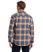 Long Sleeve Brushed Flannel in Delft Blue, back view showcasing the blue and orange plaid pattern.