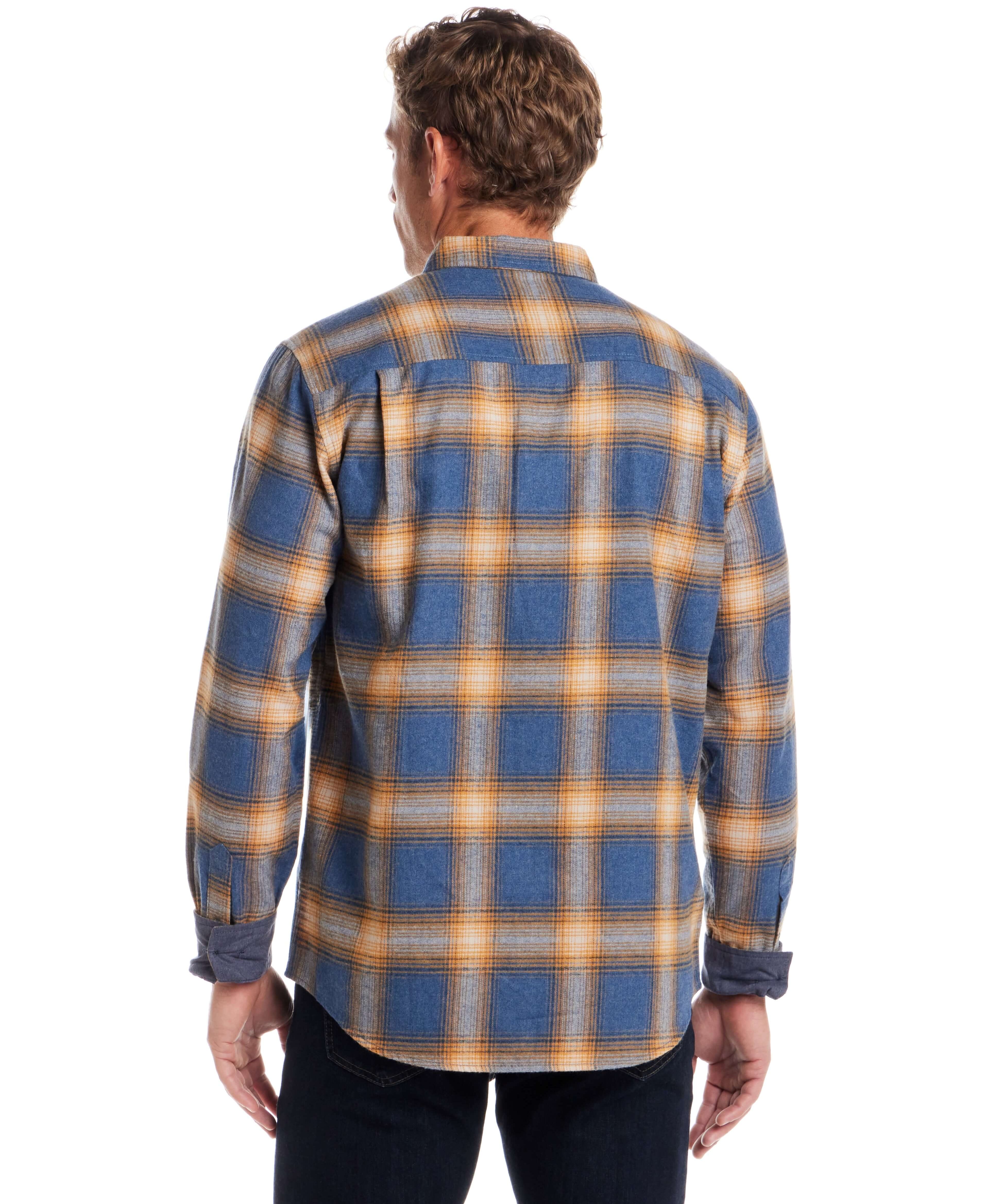 Long Sleeve Brushed Flannel in Delft Blue, back view showcasing the blue and orange plaid pattern.