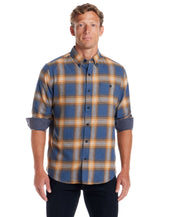 Long Sleeve Brushed Flannel in Delft Blue worn by a model showcasing its classic cut and soft fabric.