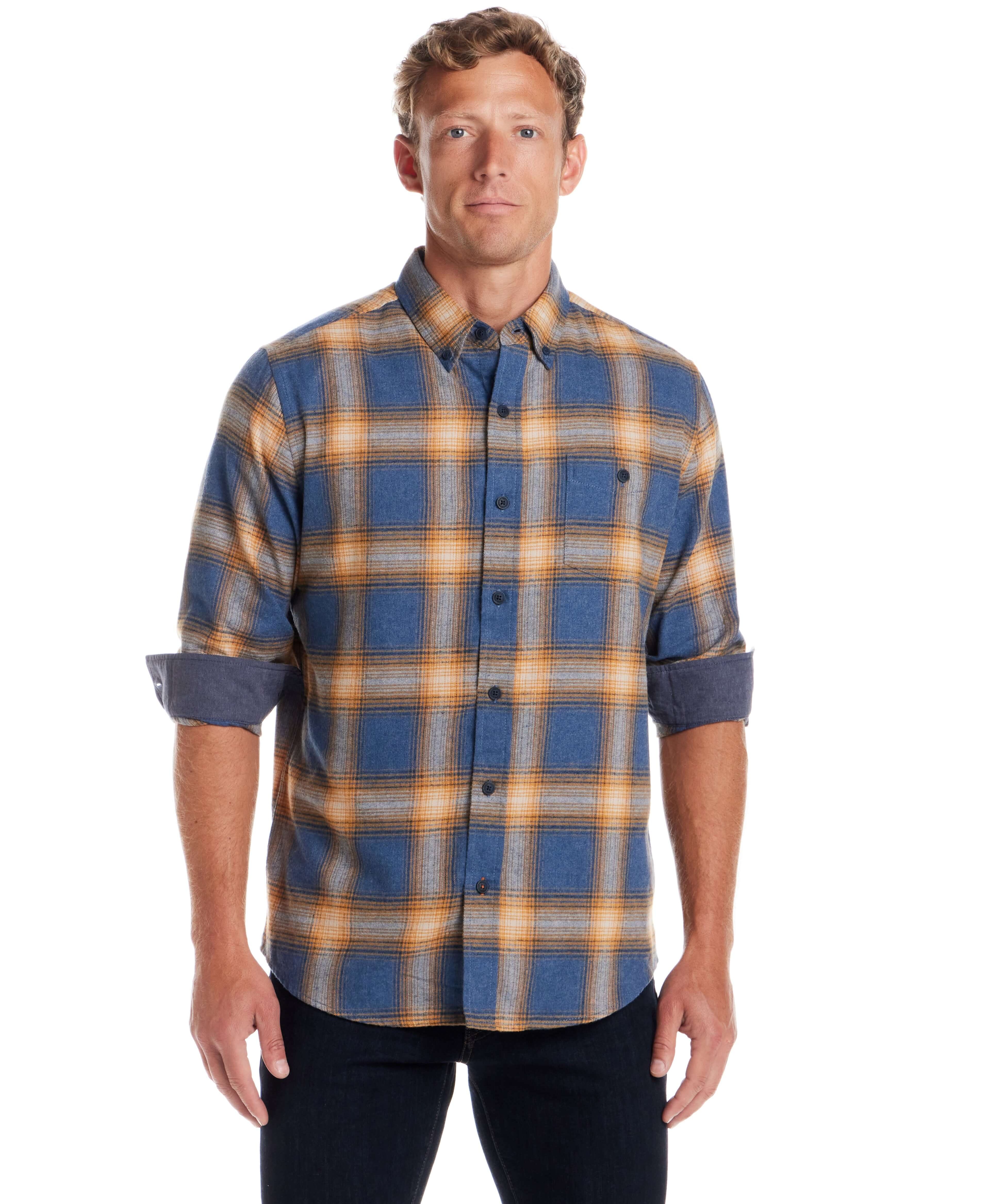 Long Sleeve Brushed Flannel in Delft Blue worn by a model showcasing its classic cut and soft fabric.