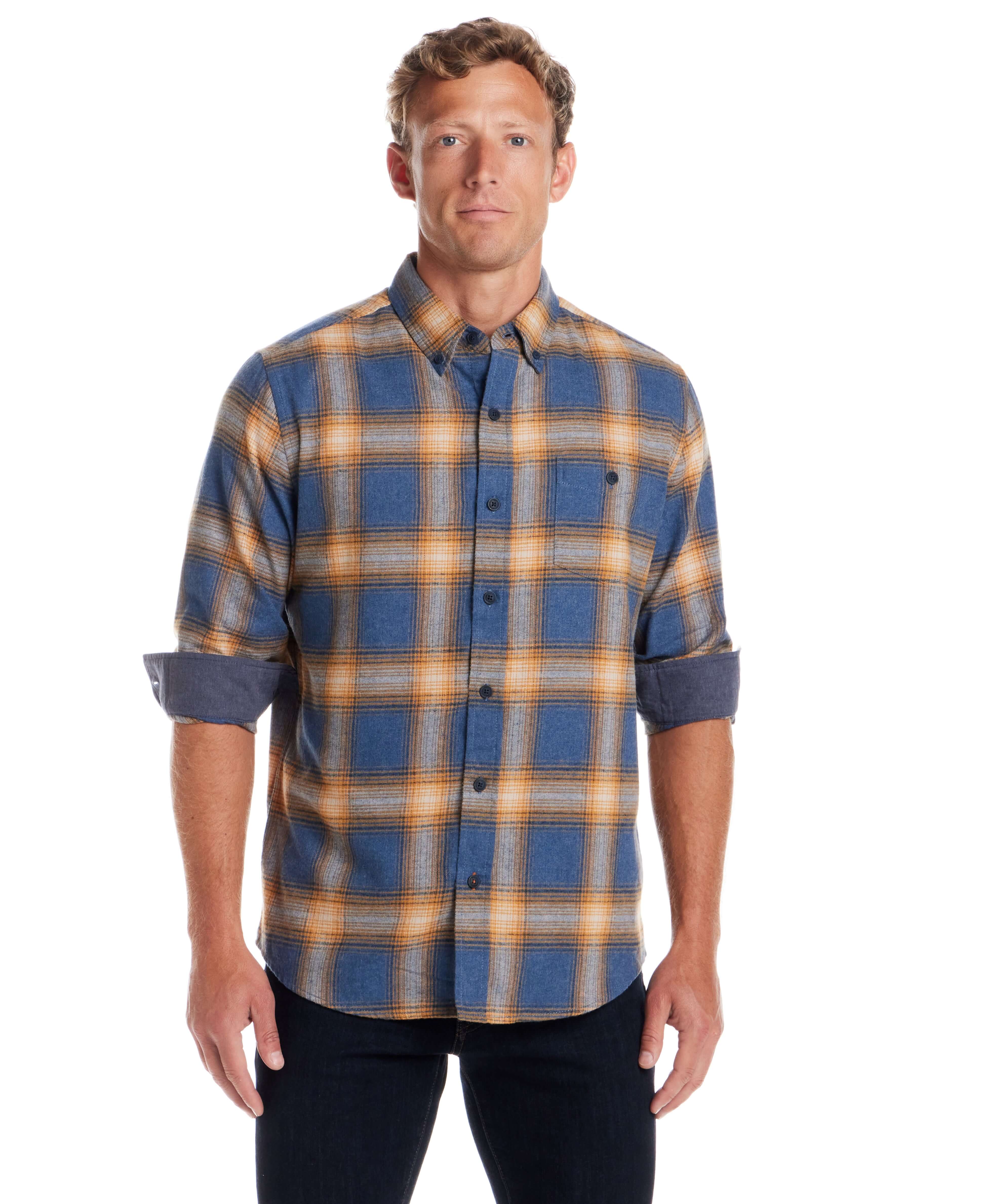 Long Sleeve Brushed Flannel in Delft Blue worn by a model showcasing its classic cut and soft fabric.