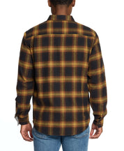 Back view of Long Sleeve Brushed Flannel in Inca Gold with a plaid pattern, showcasing a classic rugged style.