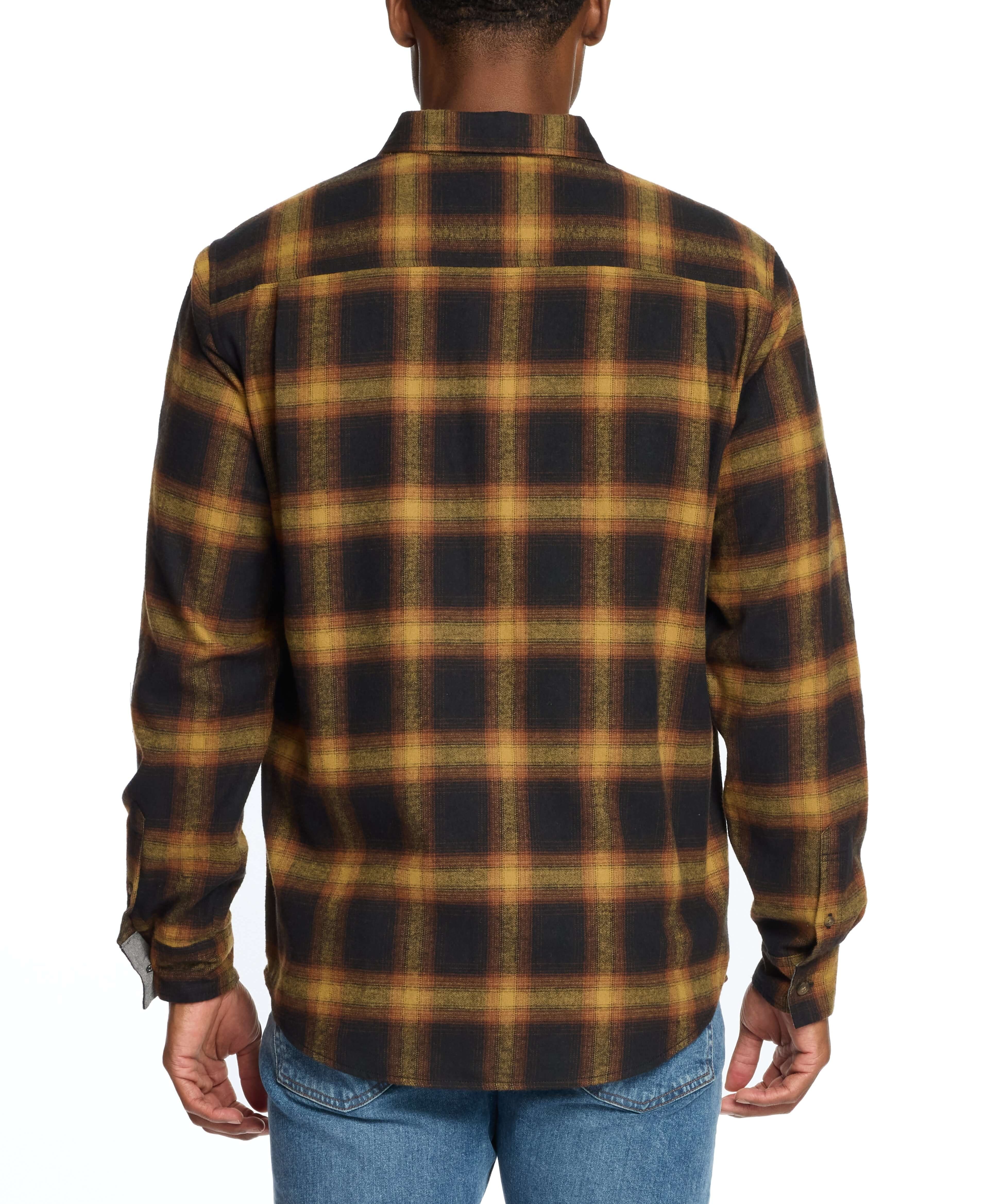 Back view of Long Sleeve Brushed Flannel in Inca Gold with a plaid pattern, showcasing a classic rugged style.