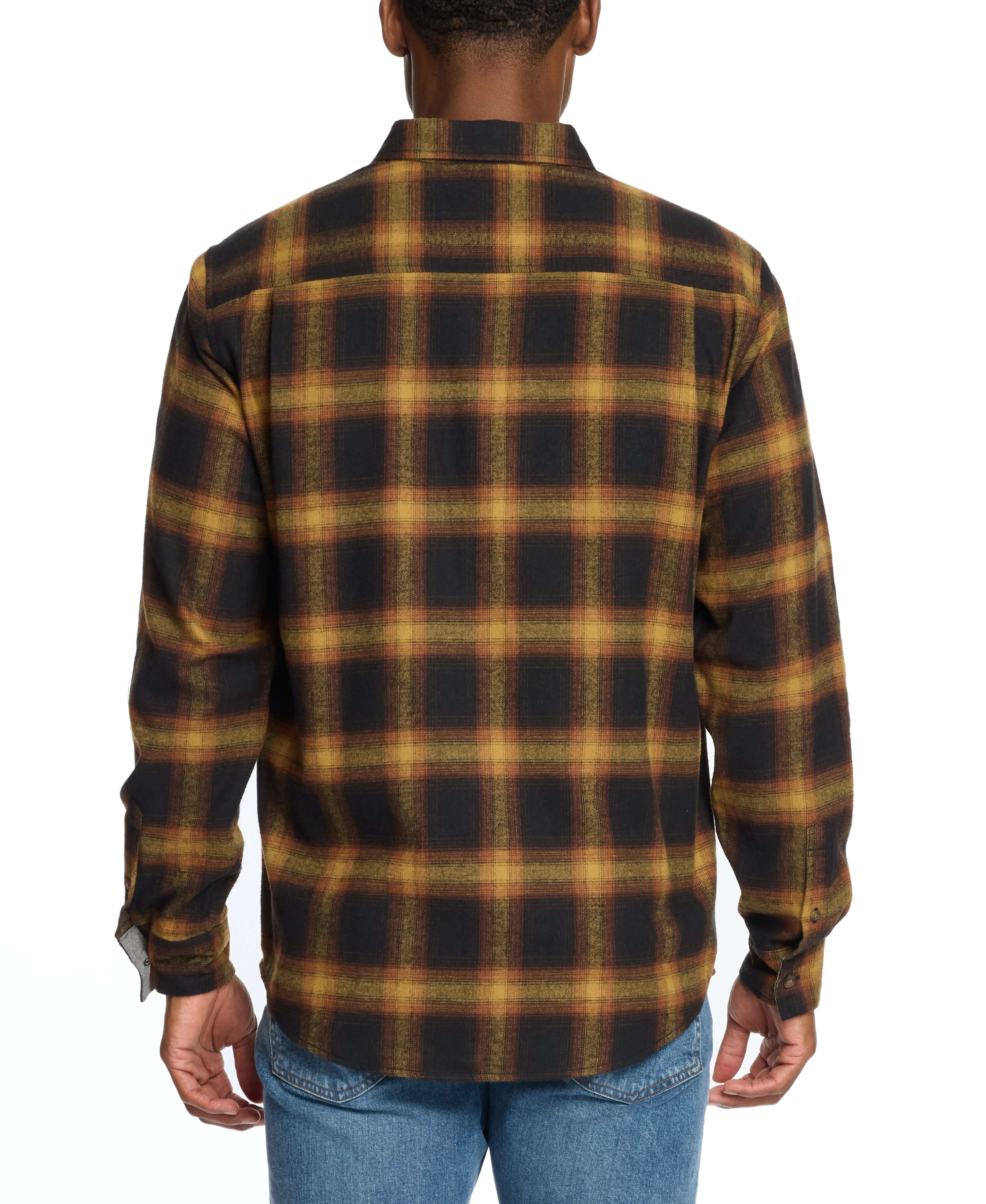 Back view of Long Sleeve Brushed Flannel in Inca Gold with a plaid pattern, showcasing a classic rugged style.